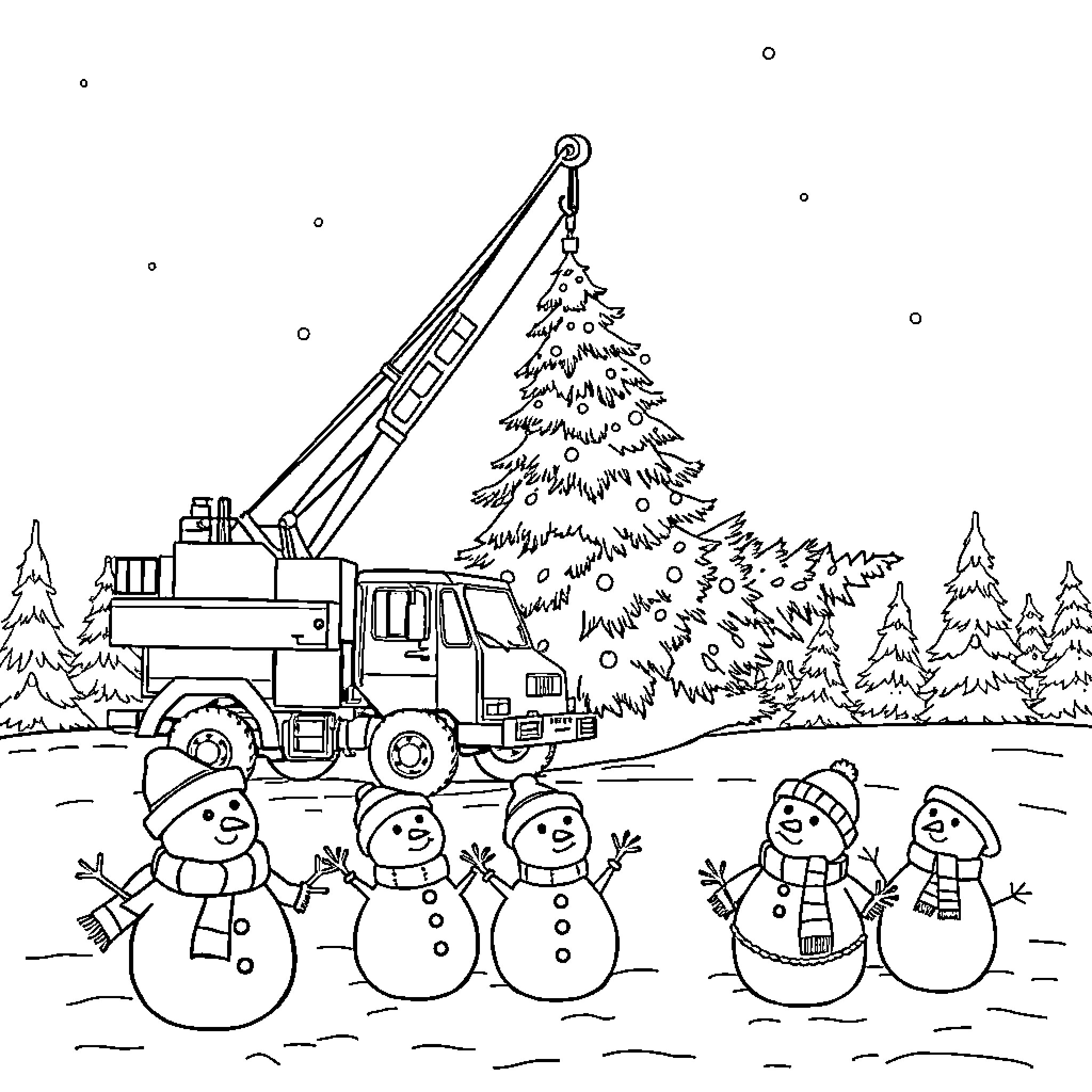 Crane Truck Lifting Christmas Tree with Snowmen in Wintry Scene Coloring Page (free black-and-white line drawing printable PDF for all, from beginners to advanced learners, including children, teens, adults, and seniors)
