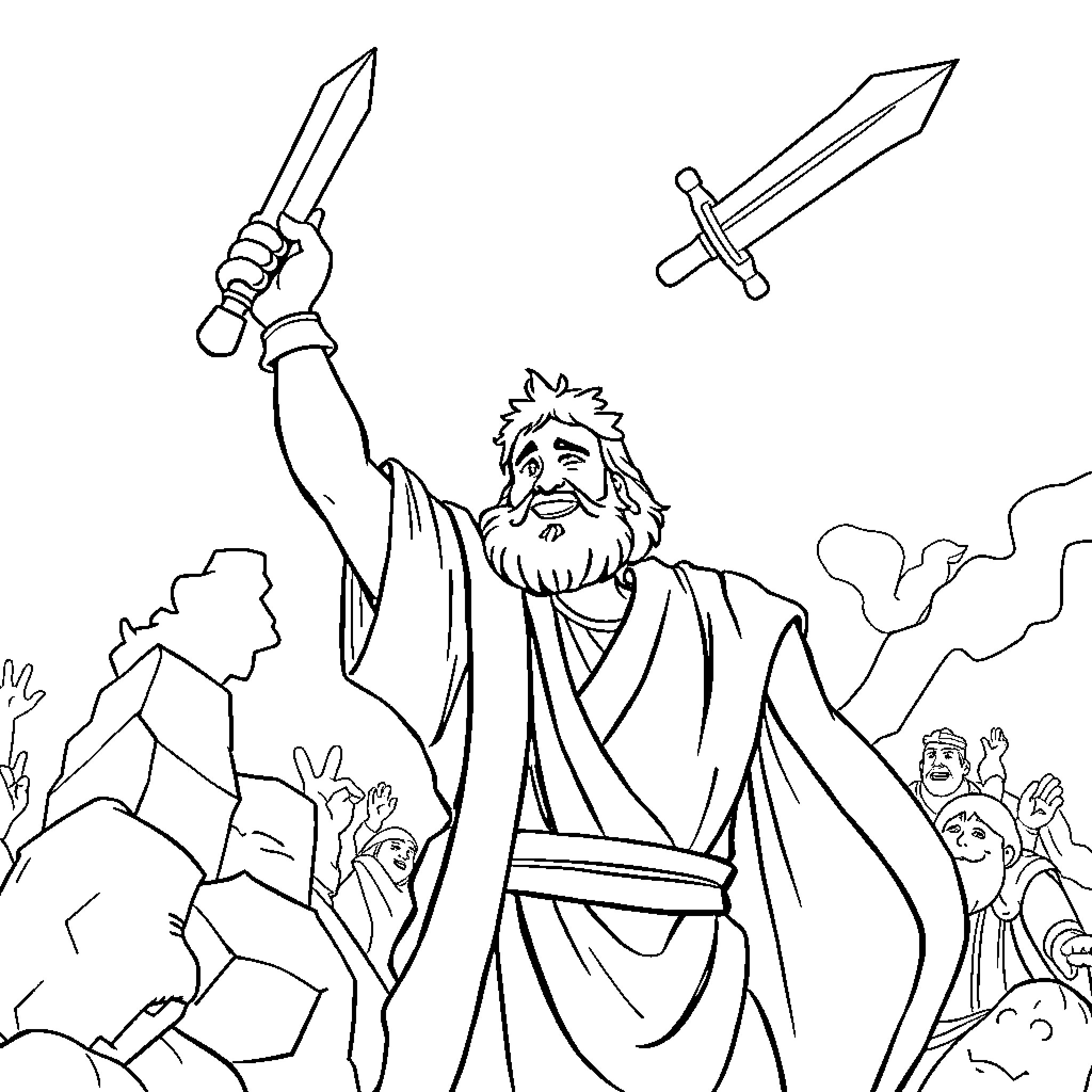 David Triumphantly Leading His Army with Swords Coloring Page (free black-and-white line drawing printable PDF for all, from beginners to advanced learners, including children, teens, adults, and seniors)