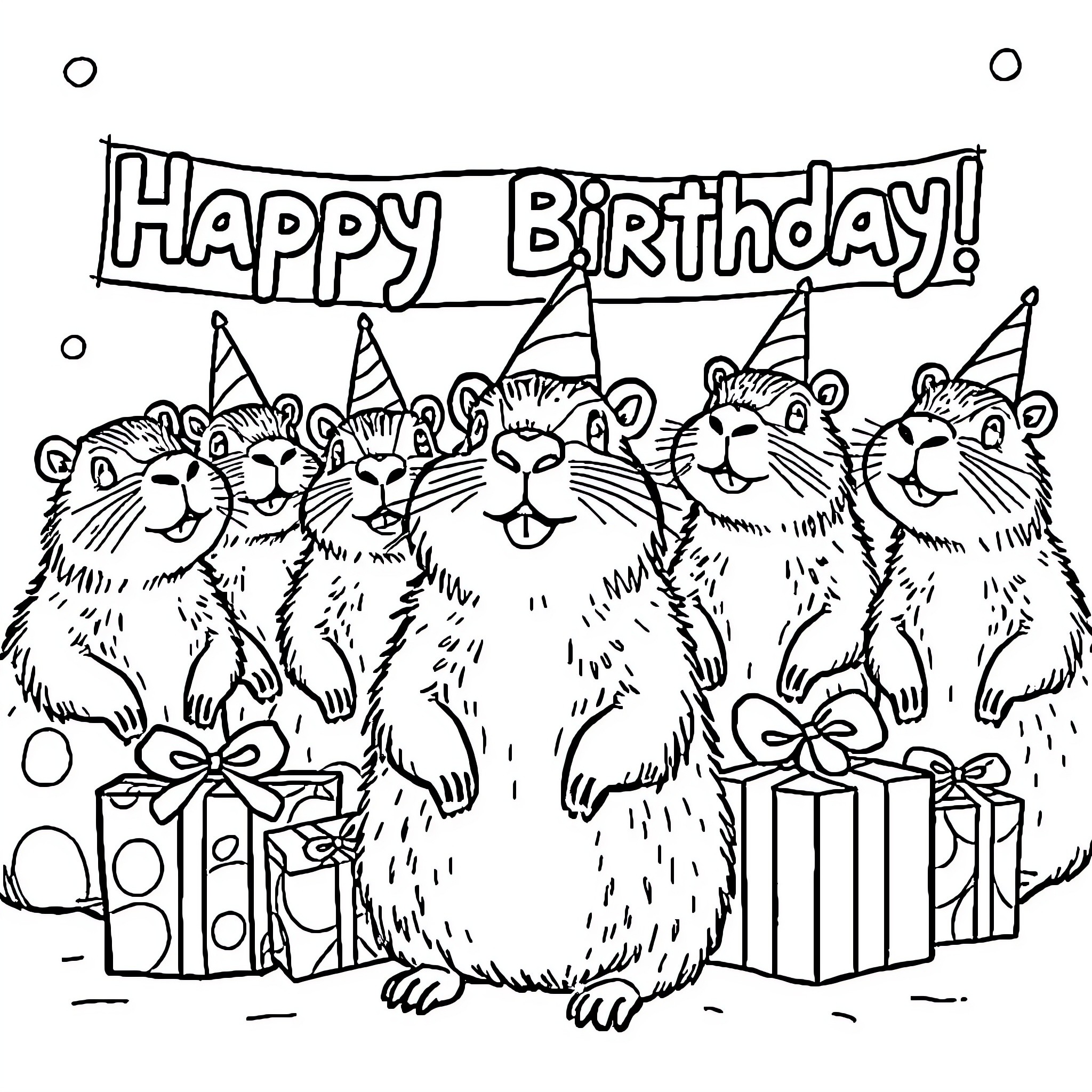 Capybara friends celebrate happy birthday with gifts and party hats Coloring Page (free black-and-white line drawing printable PDF for all, from beginners to advanced learners, including children, teens, adults, and seniors)