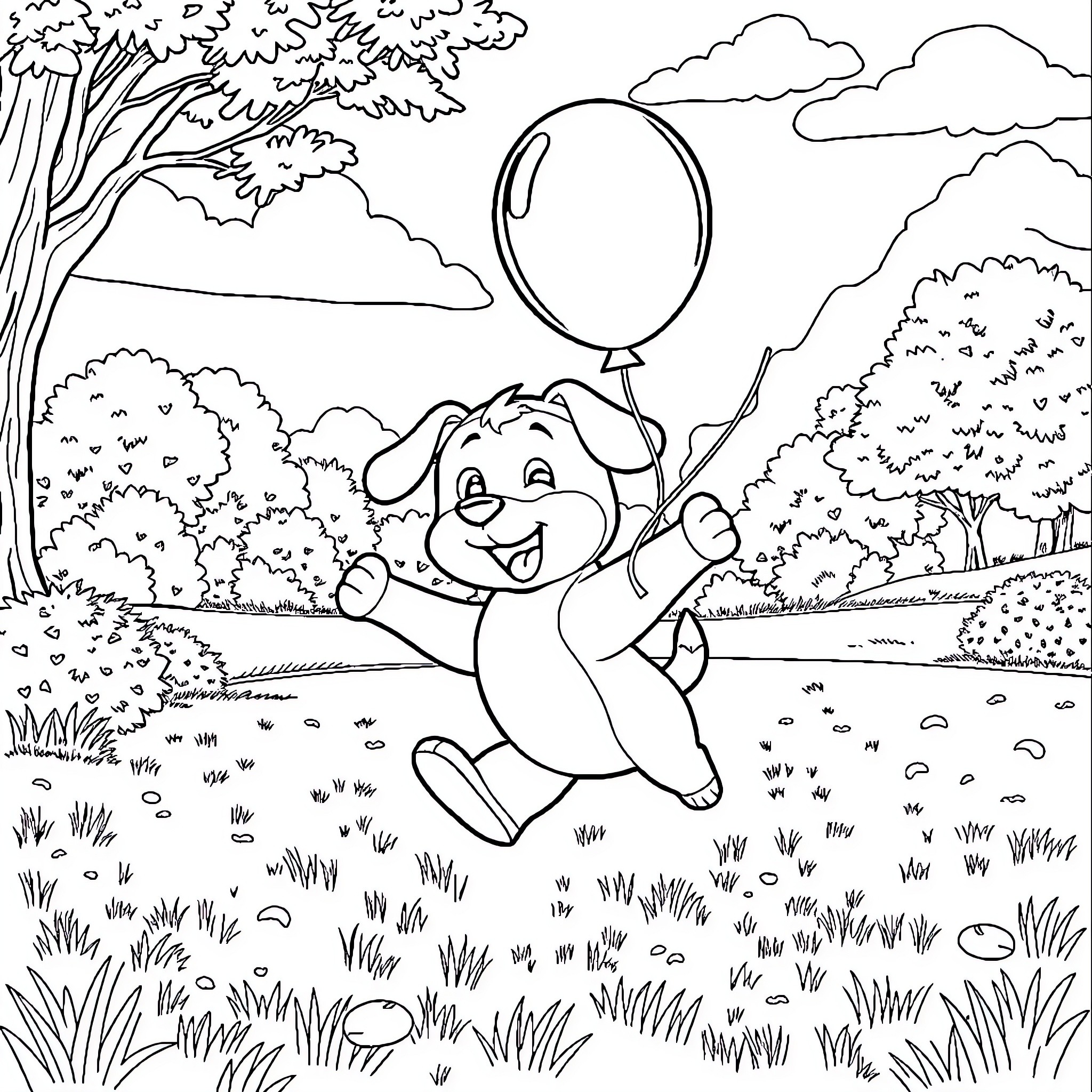 Bluey playing with a balloon in the park Coloring Page (free black-and-white line drawing printable PDF for all, from beginners to advanced learners, including children, teens, adults, and seniors)