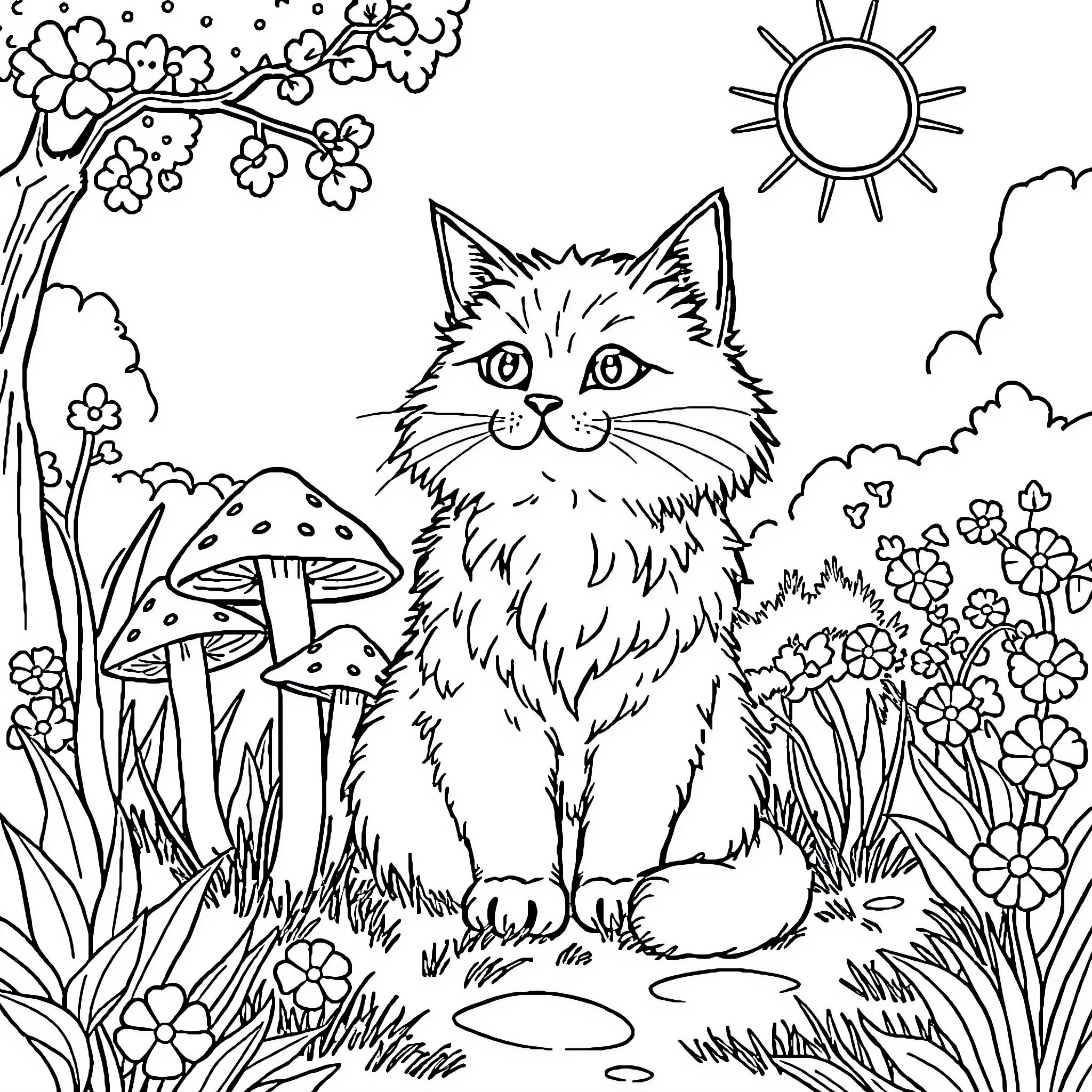 Mushroom Cat in a Floral Wonderland Coloring Page (free black-and-white line drawing printable PDF for all, from beginners to advanced learners, including children, teens, adults, and seniors)