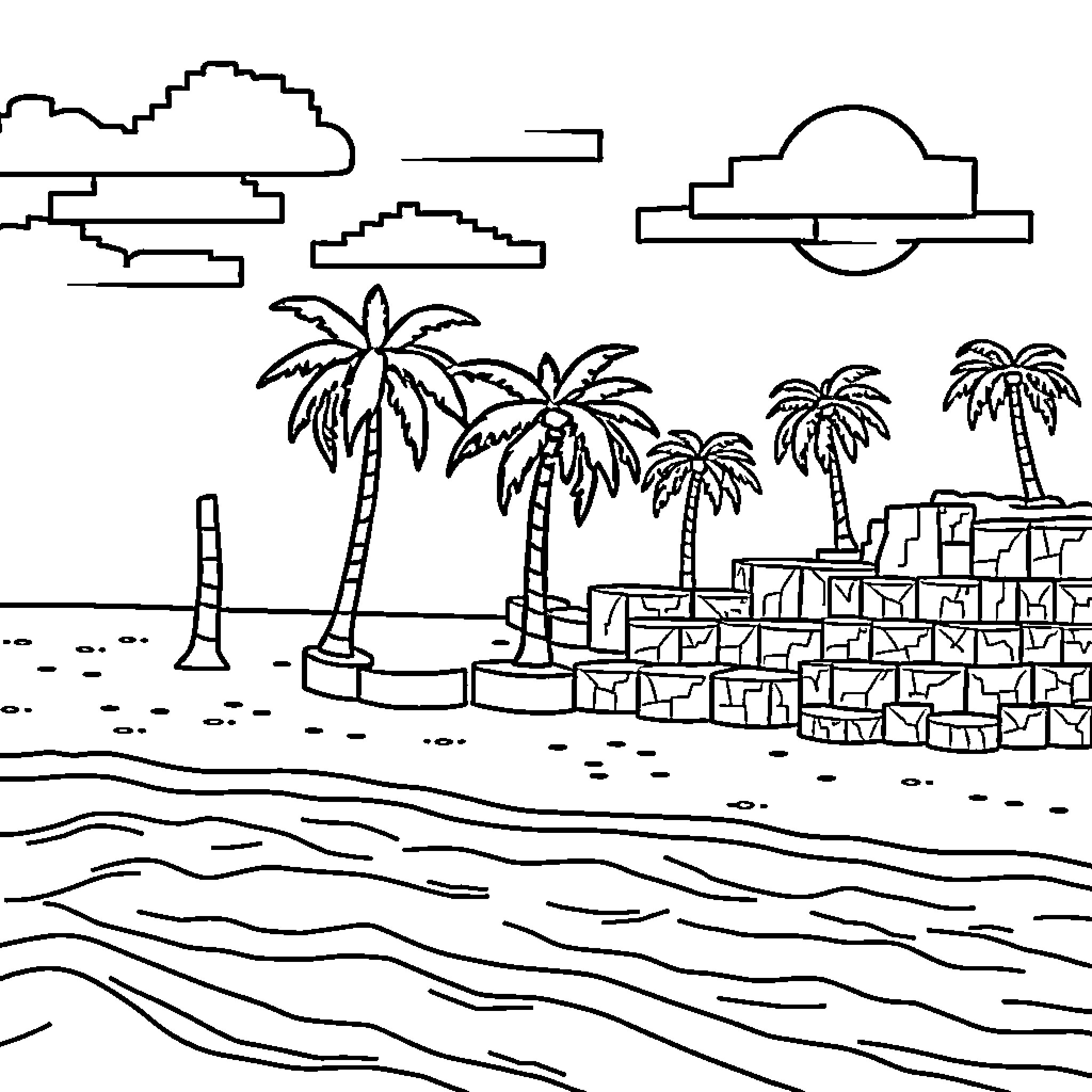 Minecraft tropical island beach scene Coloring Page (free black-and-white line drawing printable PDF for all, from beginners to advanced learners, including children, teens, adults, and seniors)