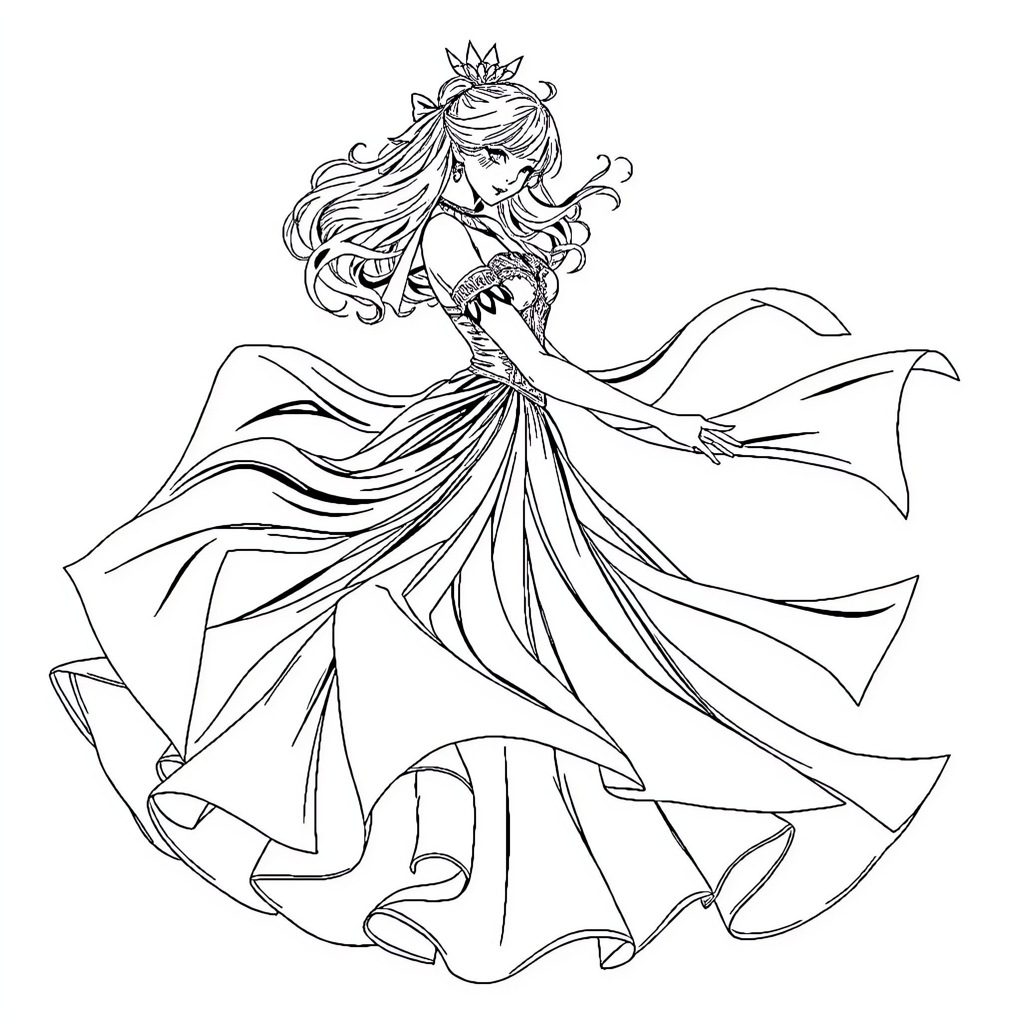 Rumi in Flowing Ethereal Dress Coloring Page (free black-and-white line drawing printable PDF for all, from beginners to advanced learners, including children, teens, adults, and seniors)