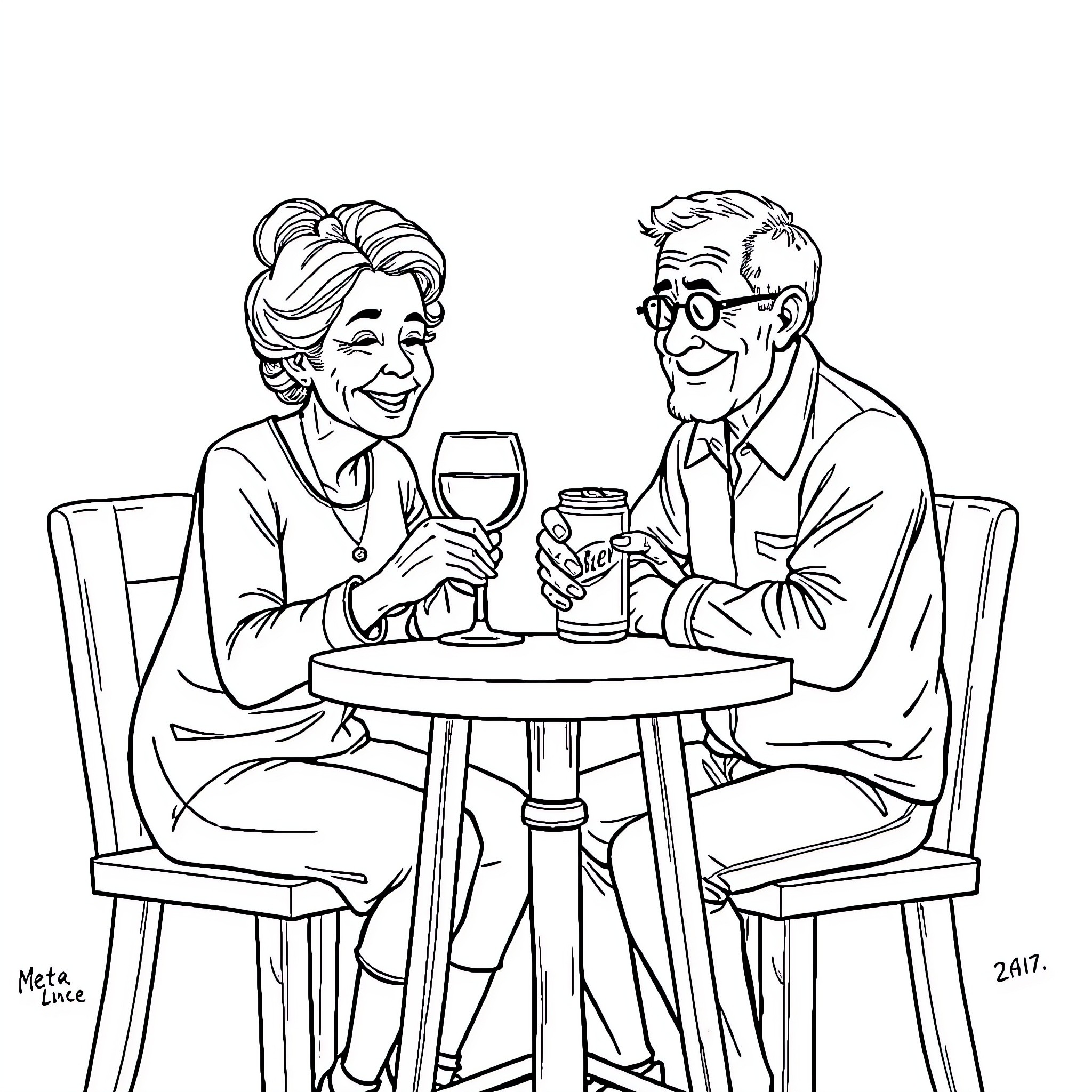 Couple enjoying drinks together at a cafe Coloring Page (free black-and-white line drawing printable PDF for all, from beginners to advanced learners, including children, teens, adults, and seniors)