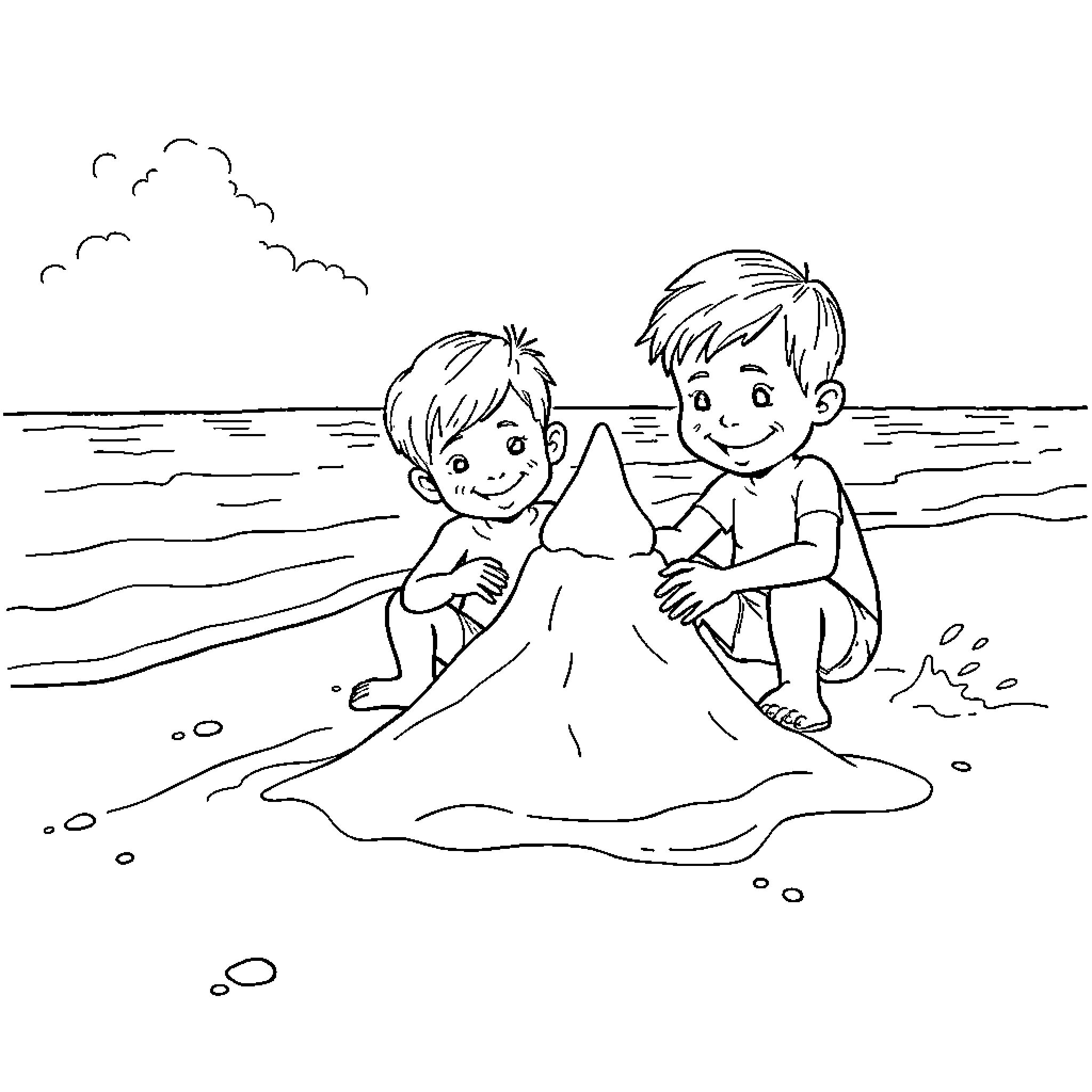 Brother's Playful Beach Adventure Coloring Page (free black-and-white line drawing printable PDF for all, from beginners to advanced learners, including children, teens, adults, and seniors)