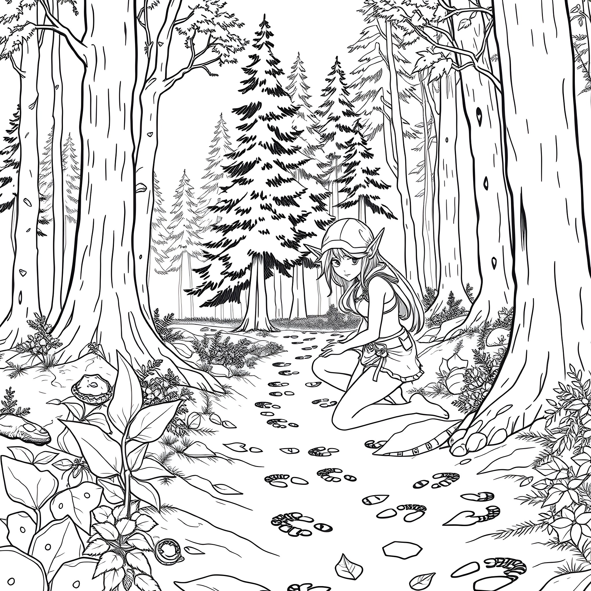 Elf in a Magical Forest Clearing Coloring Page (free black-and-white line drawing printable PDF for all, from beginners to advanced learners, including children, teens, adults, and seniors)