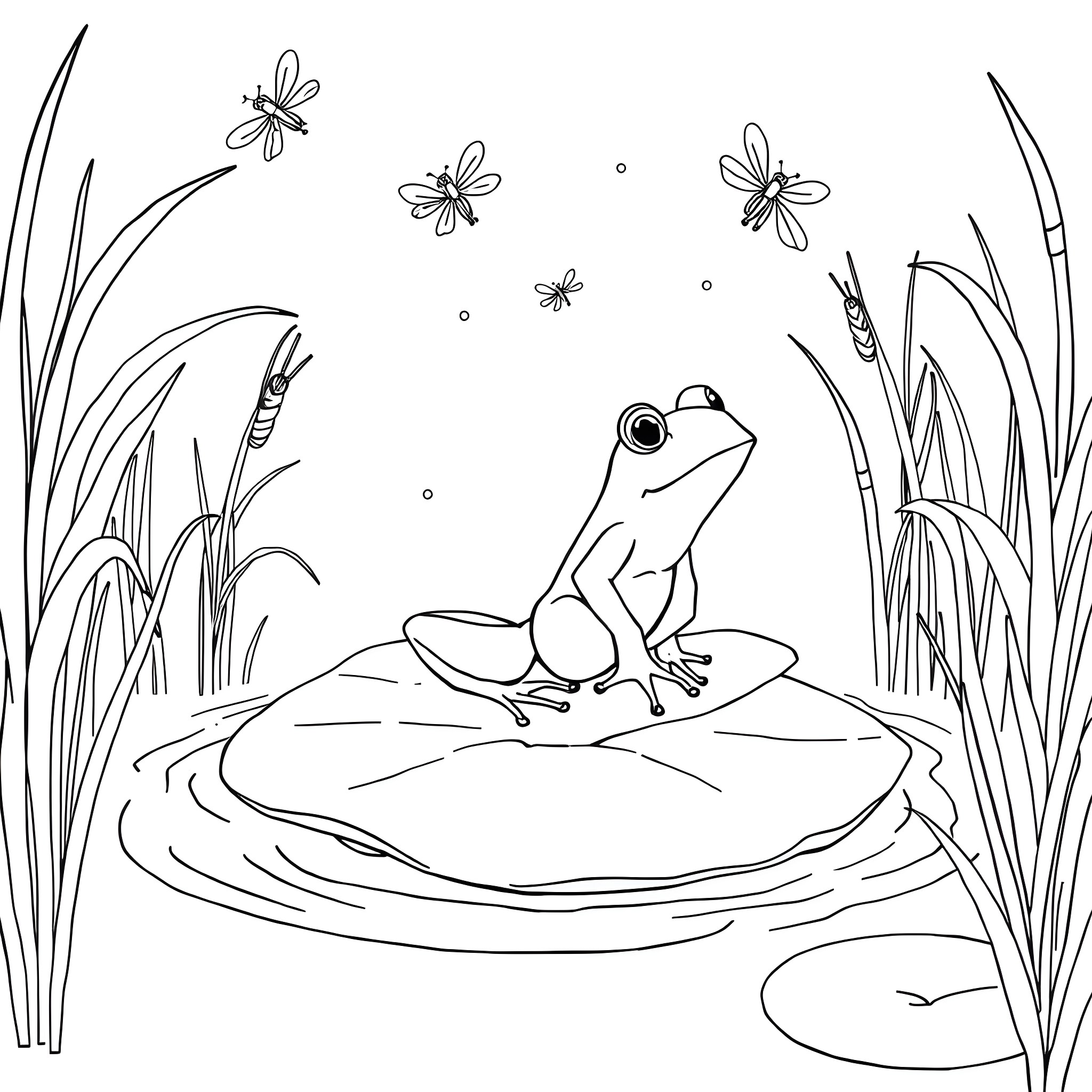 Frog sitting on lily pad with dragonflies Coloring Page (free black-and-white line drawing printable PDF for all, from beginners to advanced learners, including children, teens, adults, and seniors)