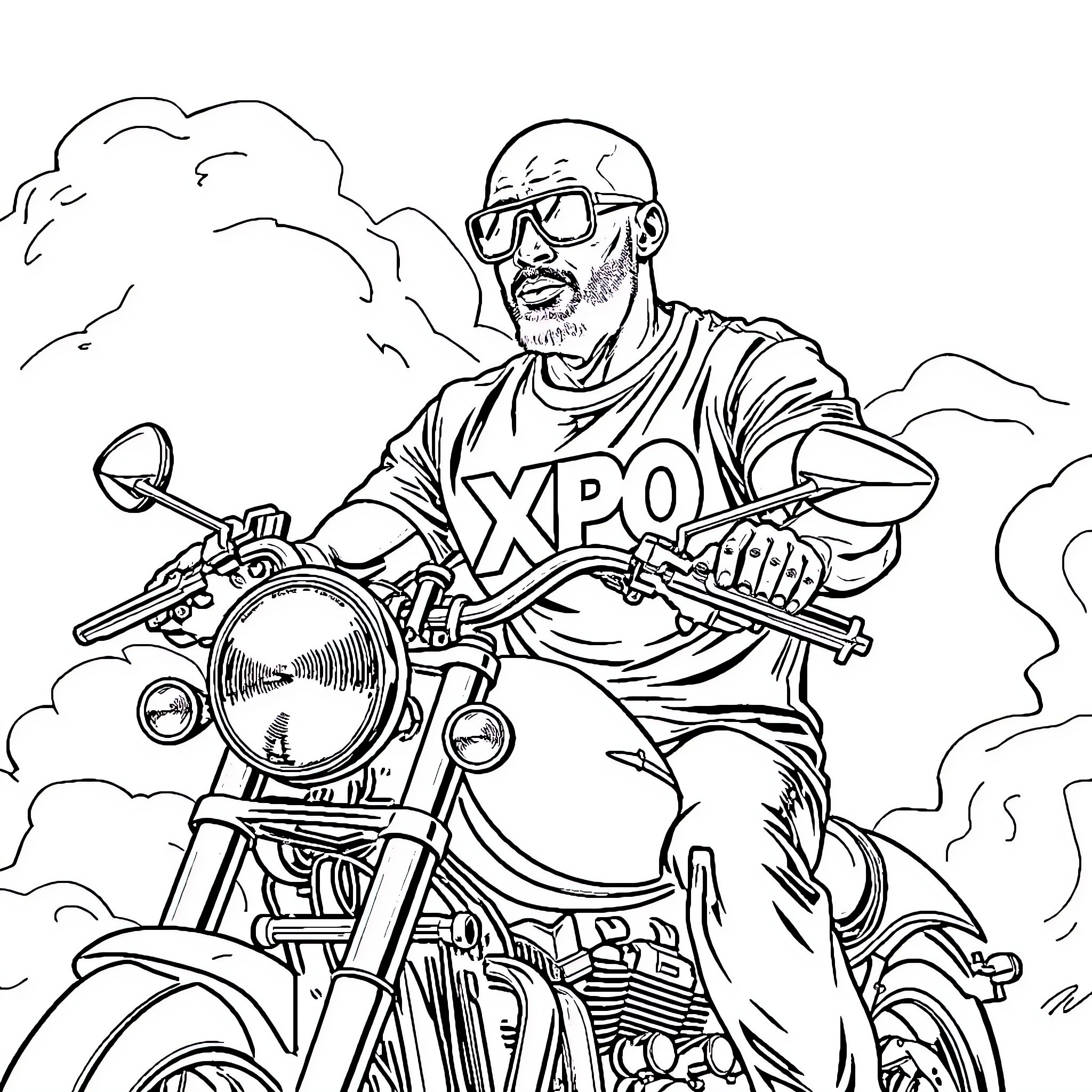 Man riding motorcycle through cloudy landscape Coloring Page (free black-and-white line drawing printable PDF for all, from beginners to advanced learners, including children, teens, adults, and seniors)