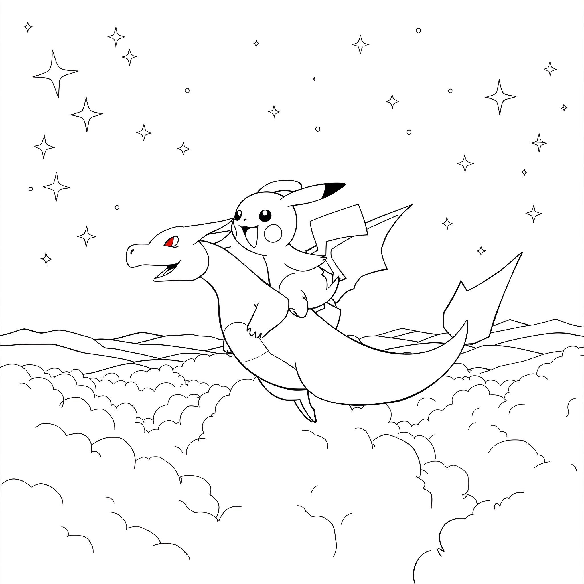 Pikachu riding a dragon in the starry night sky Coloring Page (free black-and-white line drawing printable PDF for all, from beginners to advanced learners, including children, teens, adults, and seniors)