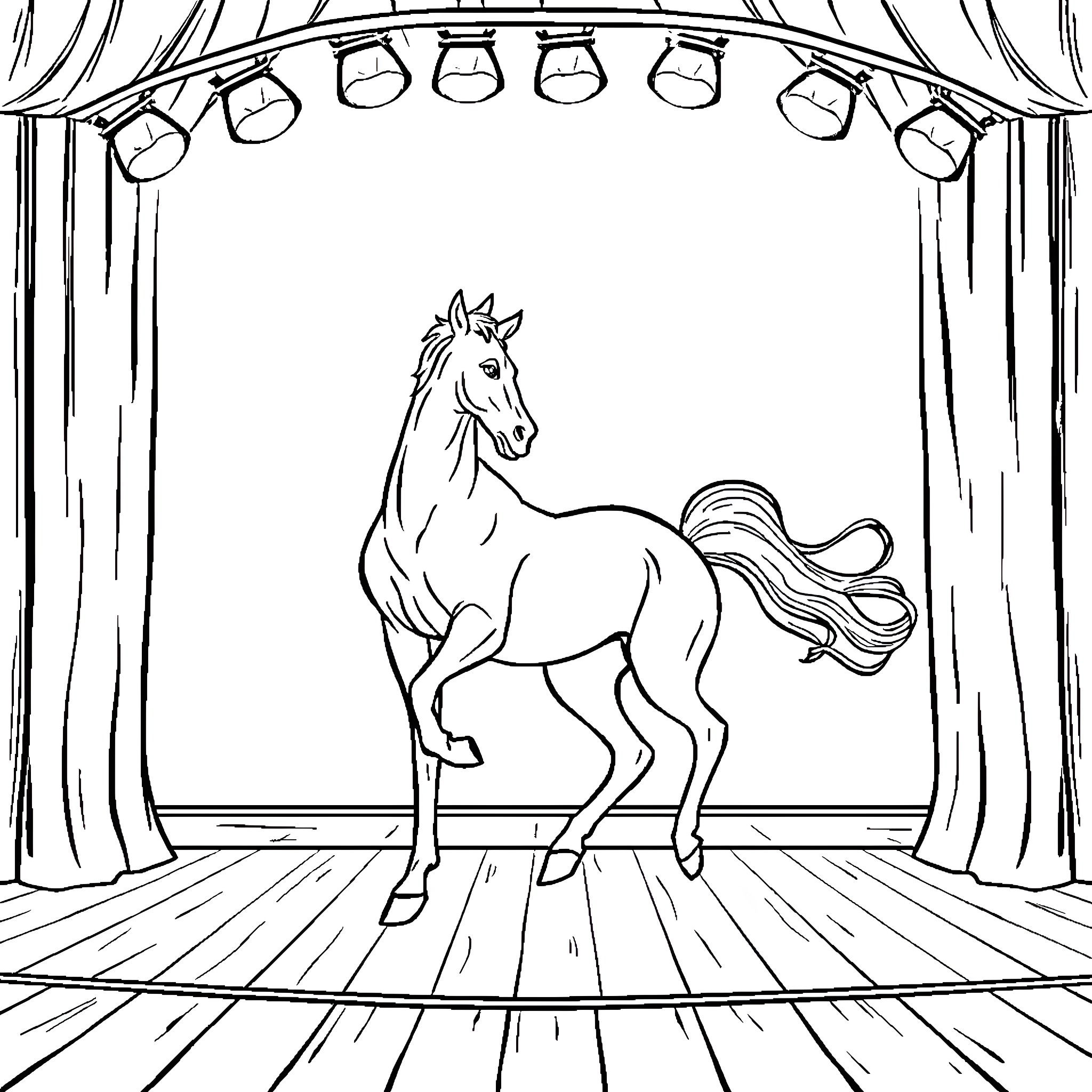 Horse performing on stage in the spotlight Coloring Page (free black-and-white line drawing printable PDF for all, from beginners to advanced learners, including children, teens, adults, and seniors)