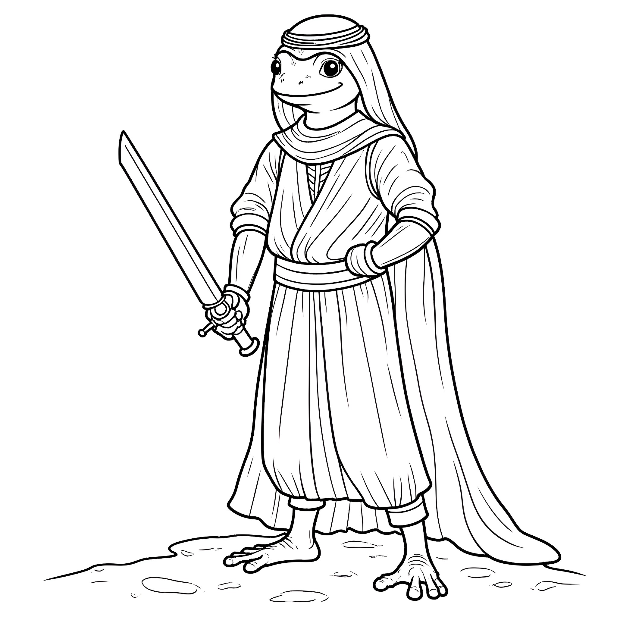 Frog Man in Warrior Outfit Holding a Sword Coloring Page (free black-and-white line drawing printable PDF for all, from beginners to advanced learners, including children, teens, adults, and seniors)