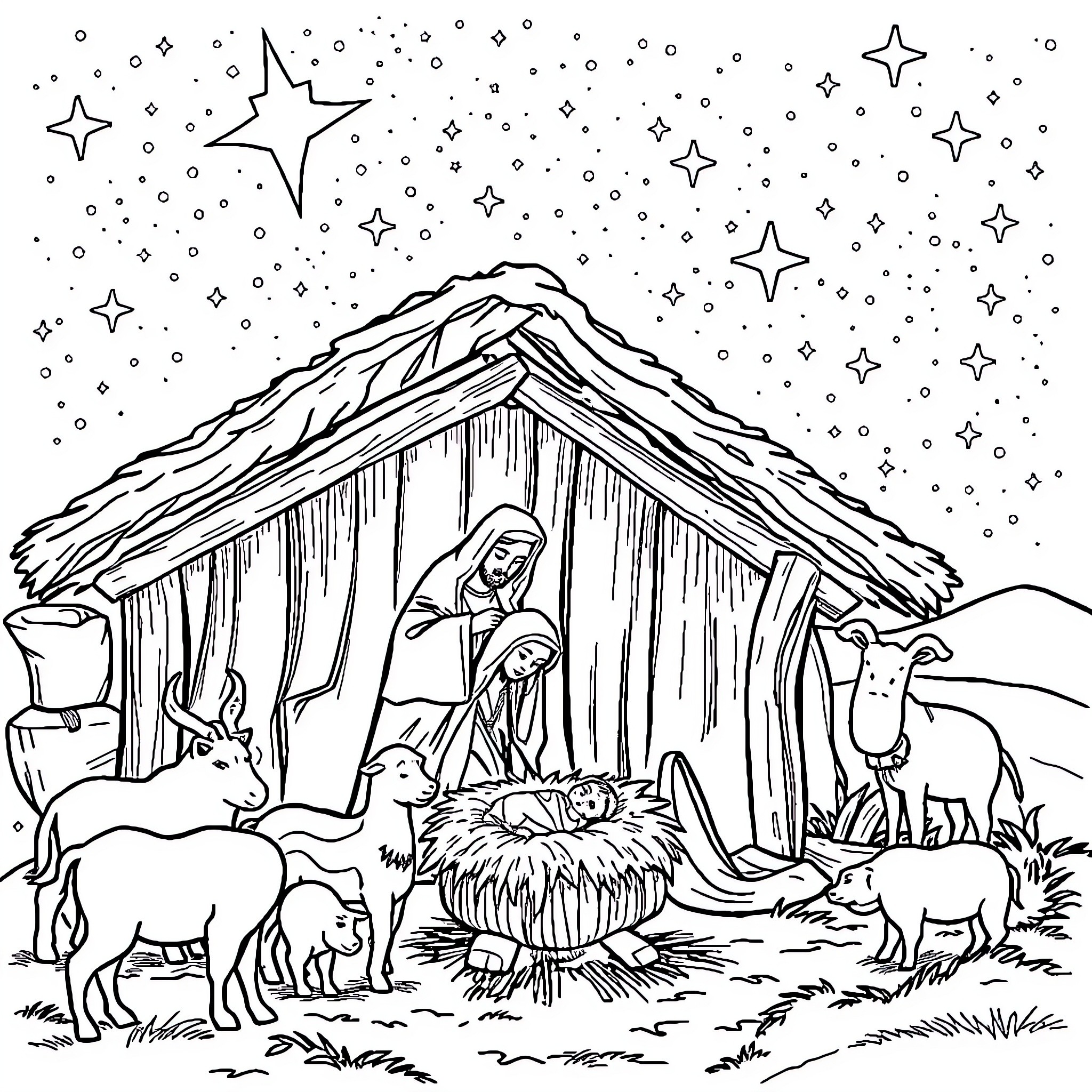 Jesus' Humble Birth in the Nativity Scene Coloring Page (free black-and-white line drawing printable PDF for all, from beginners to advanced learners, including children, teens, adults, and seniors)