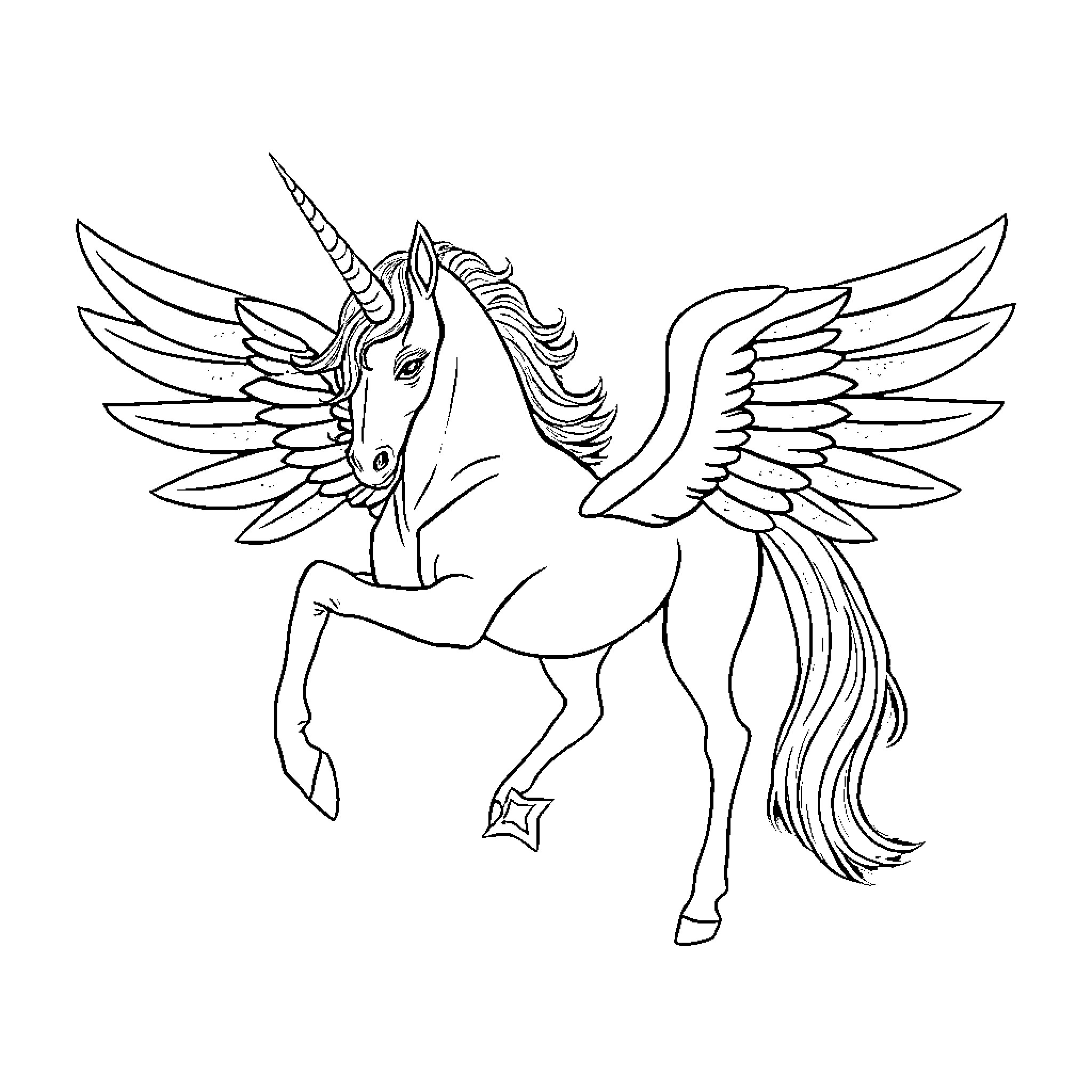 Unicorn with Majestic Wings in Flight Coloring Page (free black-and-white line drawing printable PDF for all, from beginners to advanced learners, including children, teens, adults, and seniors)
