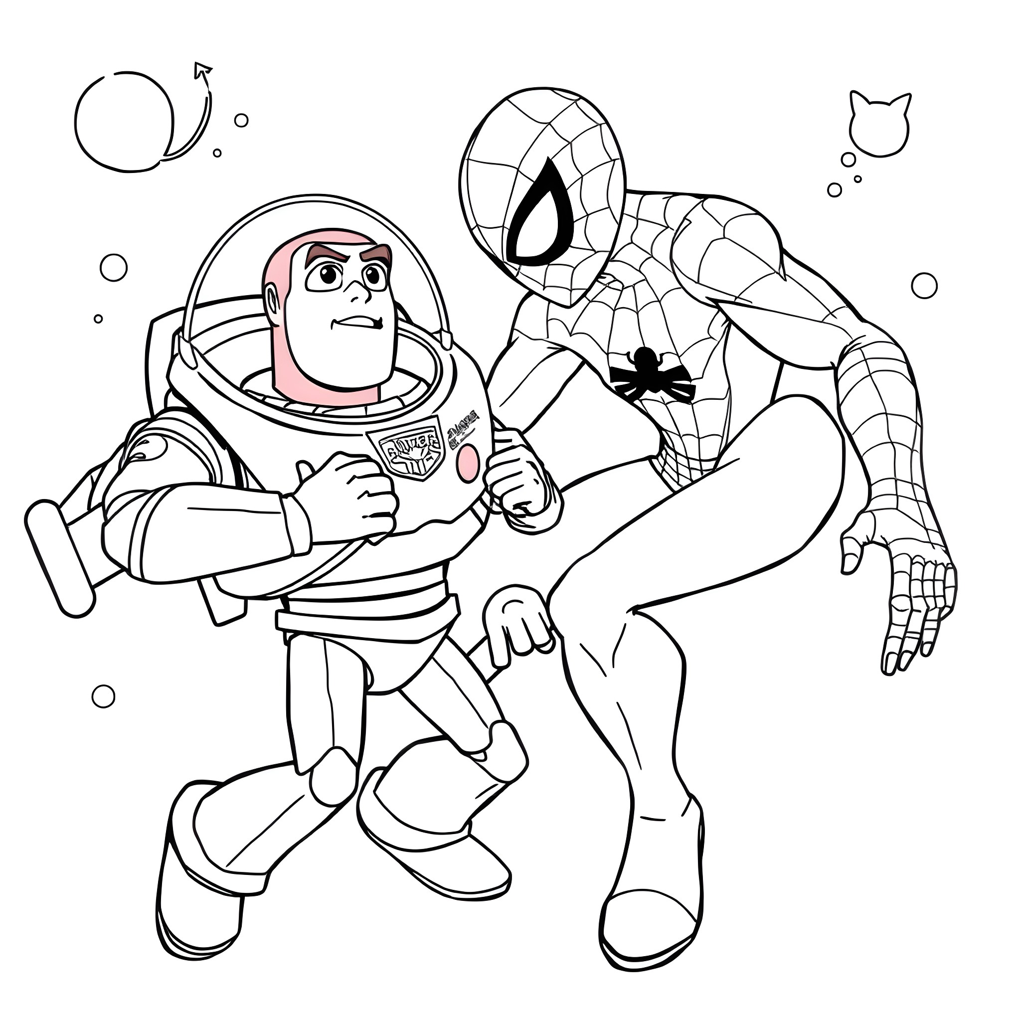 Spiderman rescuing an astronaut in space Coloring Page (free black-and-white line drawing printable PDF for all, from beginners to advanced learners, including children, teens, adults, and seniors)