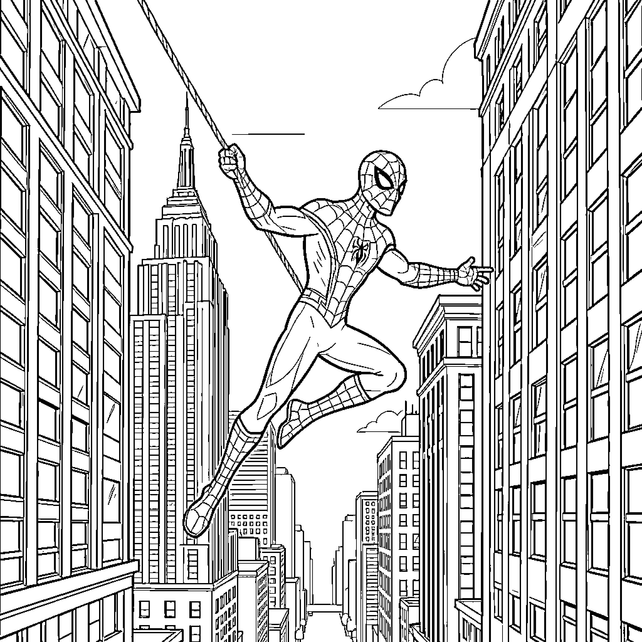 Spiderman swinging through the city streets Coloring Page (free black-and-white line drawing printable PDF for all, from beginners to advanced learners, including children, teens, adults, and seniors)