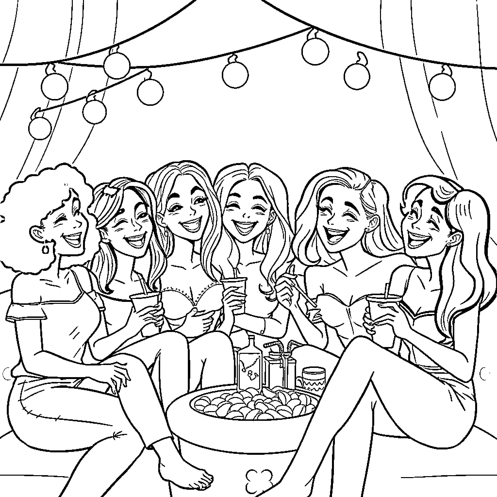 Female Cartoon Characters Enjoying a Festive Gathering Coloring Page (free black-and-white line drawing printable PDF for all, from beginners to advanced learners, including children, teens, adults, and seniors)