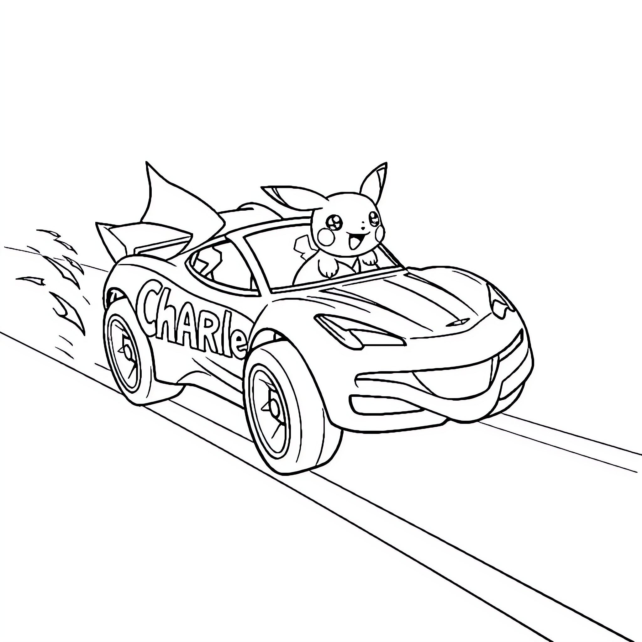 Car with Cartoon Character Riding Happily Coloring Page (free black-and-white line drawing printable PDF for all, from beginners to advanced learners, including children, teens, adults, and seniors)