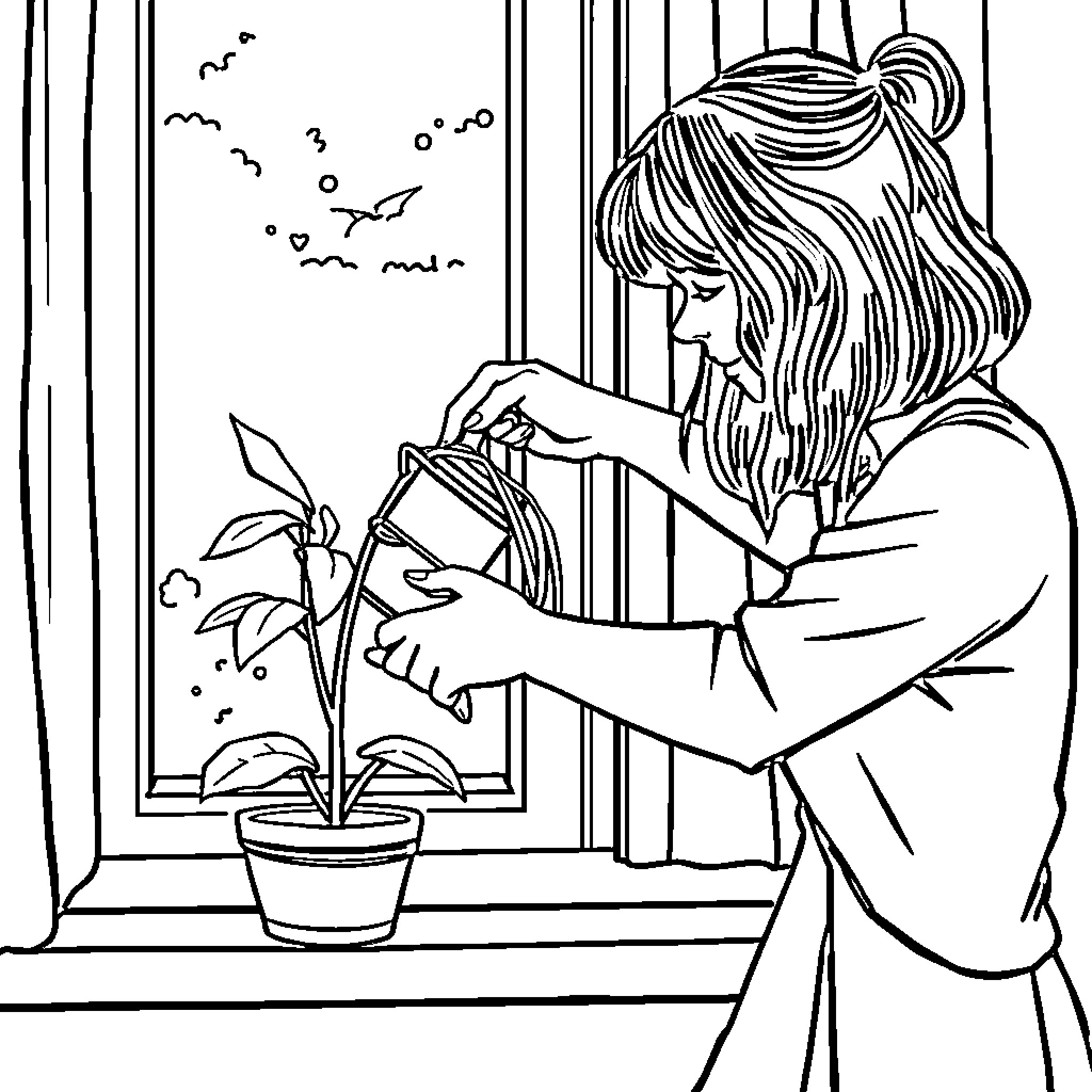 Woman tending to plant by window Coloring Page (free black-and-white line drawing printable PDF for all, from beginners to advanced learners, including children, teens, adults, and seniors)