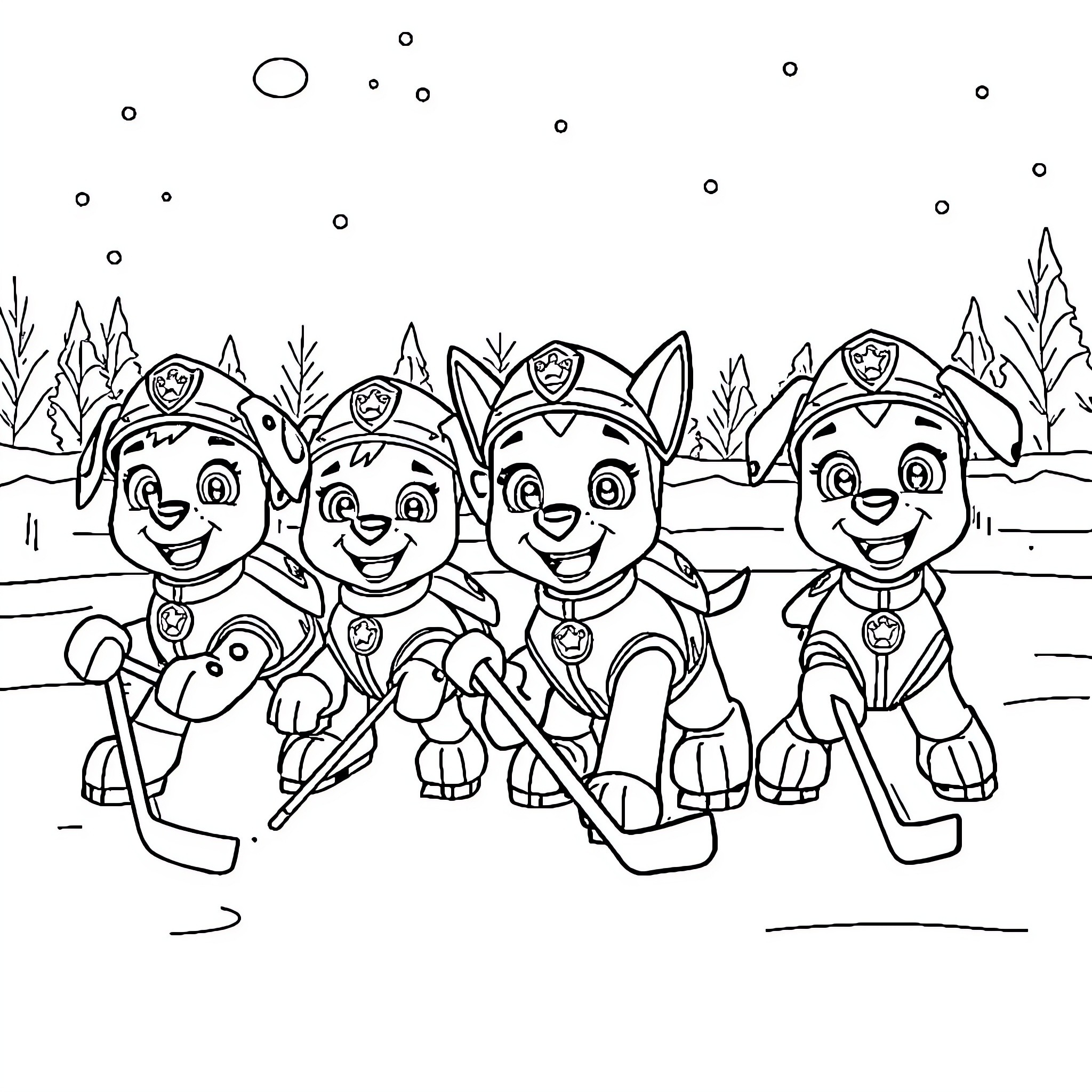 Paw Patrol team playing hockey in the snow Coloring Page (free black-and-white line drawing printable PDF for all, from beginners to advanced learners, including children, teens, adults, and seniors)