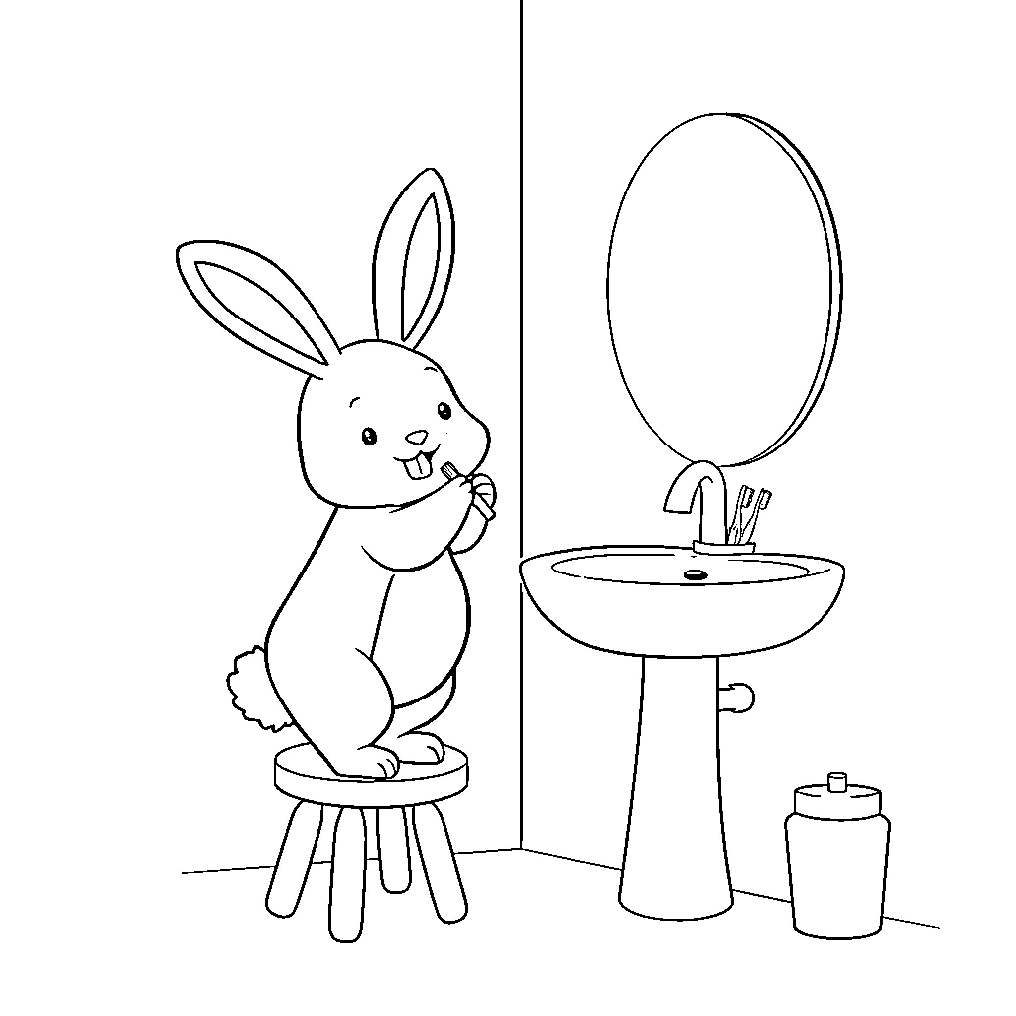 Bunny enjoying a mirror in the bathroom Coloring Page (free black-and-white line drawing printable PDF for all, from beginners to advanced learners, including children, teens, adults, and seniors)