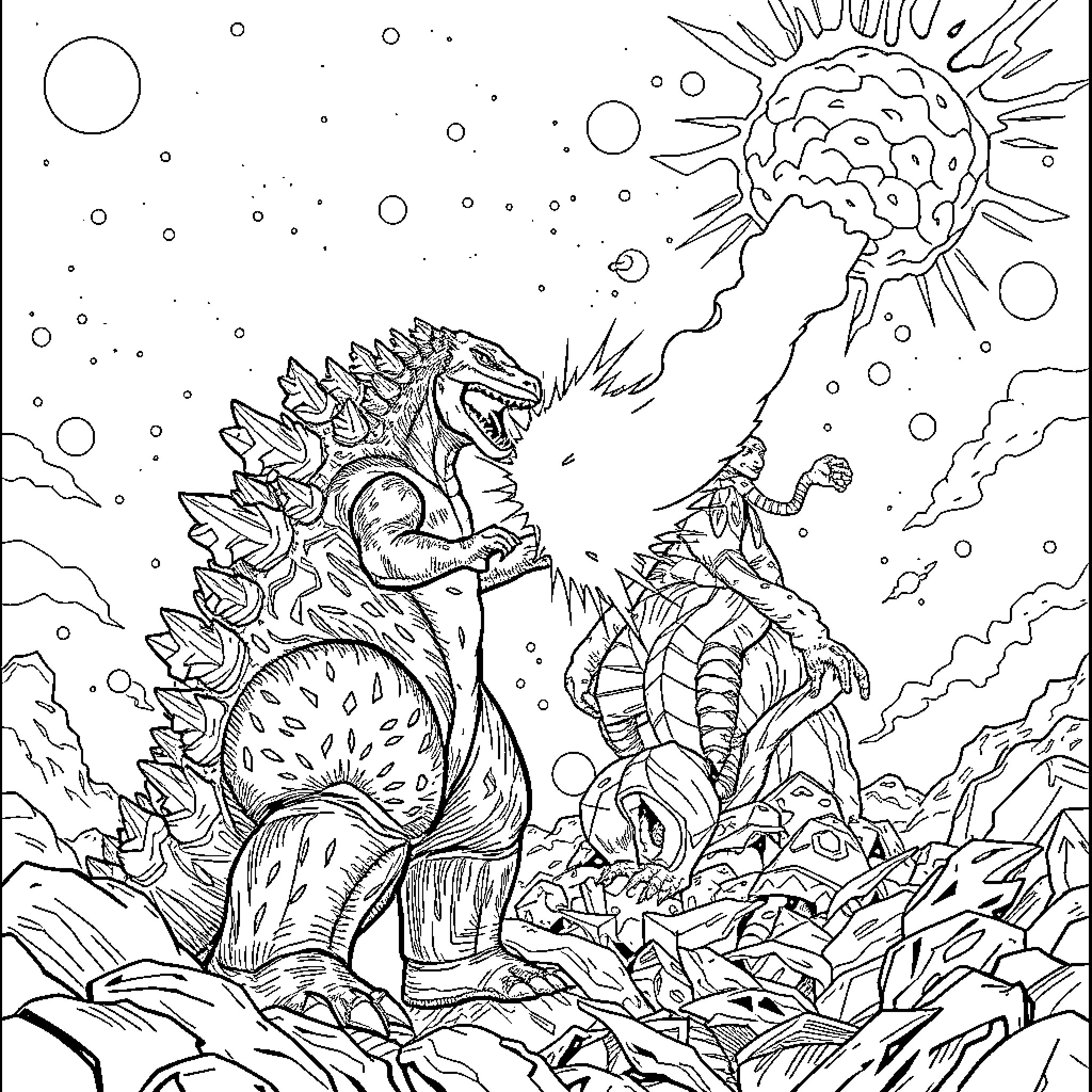 Godzilla Unleashing Destructive Powers in Chaotic Scene Coloring Page (free black-and-white line drawing printable PDF for all, from beginners to advanced learners, including children, teens, adults, and seniors)