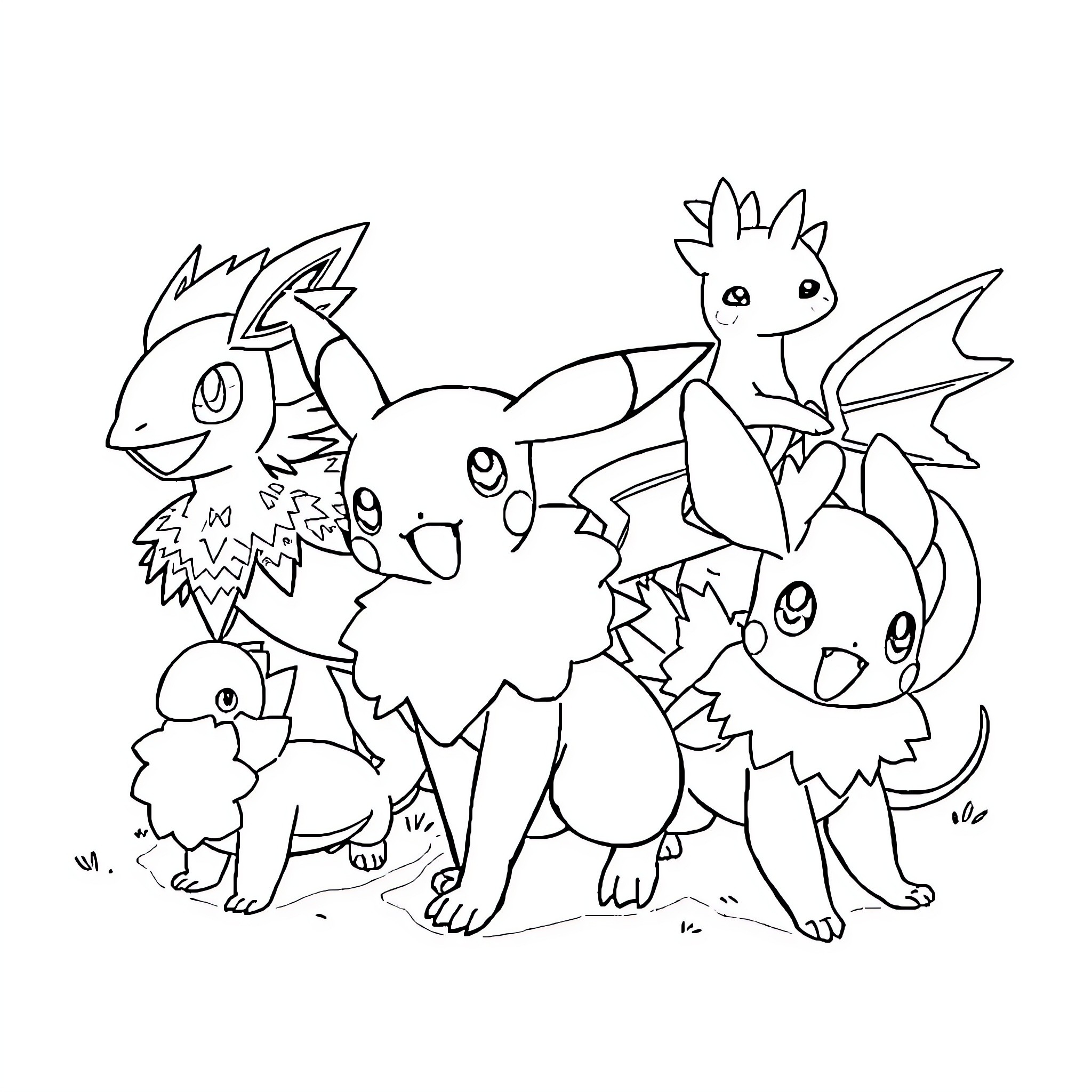 Pokémon characters gathered together in a scene Coloring Page (free black-and-white line drawing printable PDF for all, from beginners to advanced learners, including children, teens, adults, and seniors)