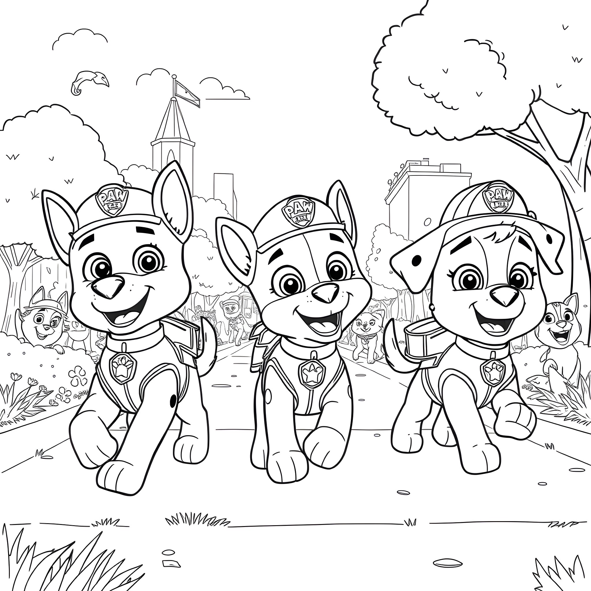 Bluey and friends exploring the neighborhood Coloring Page (free black-and-white line drawing printable PDF for all, from beginners to advanced learners, including children, teens, adults, and seniors)