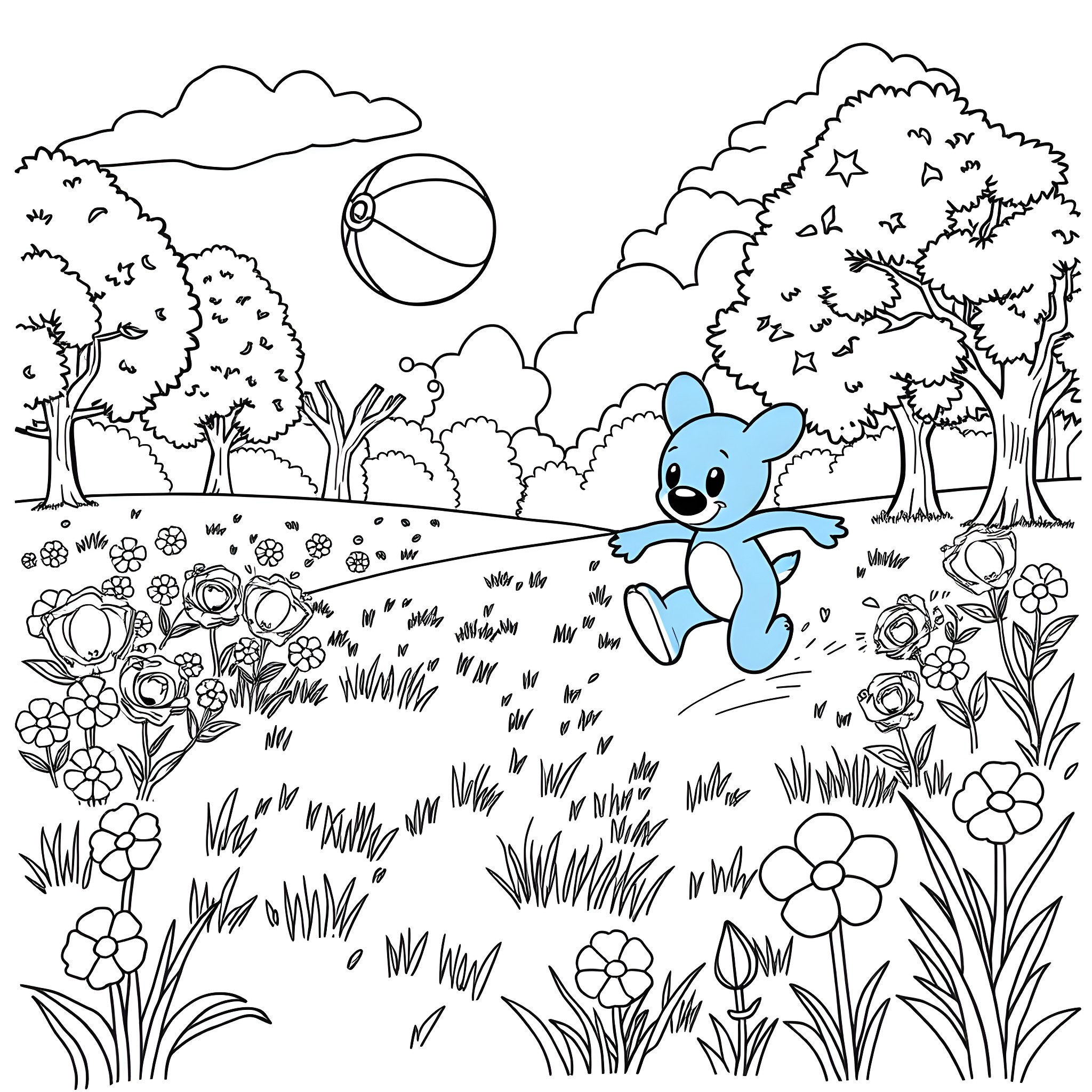 Bluey playing in a lively natural landscape Coloring Page (free black-and-white line drawing printable PDF for all, from beginners to advanced learners, including children, teens, adults, and seniors)