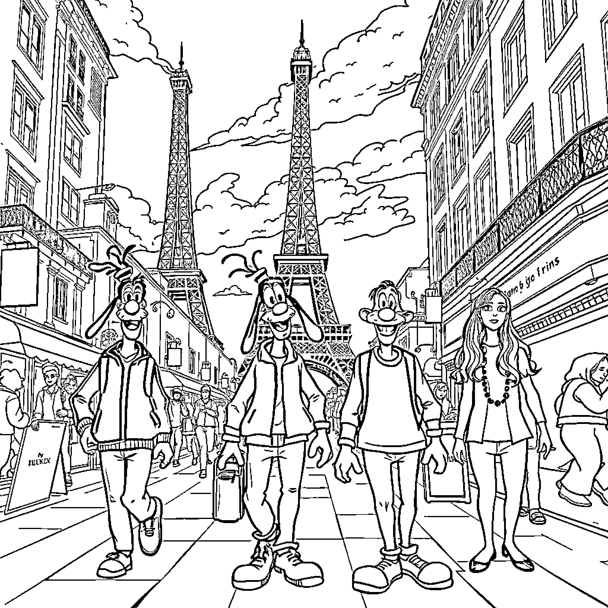 Movie Character Exploring Lively Parisian Street Scene Coloring Page (free black-and-white line drawing printable PDF for all, from beginners to advanced learners, including children, teens, adults, and seniors)