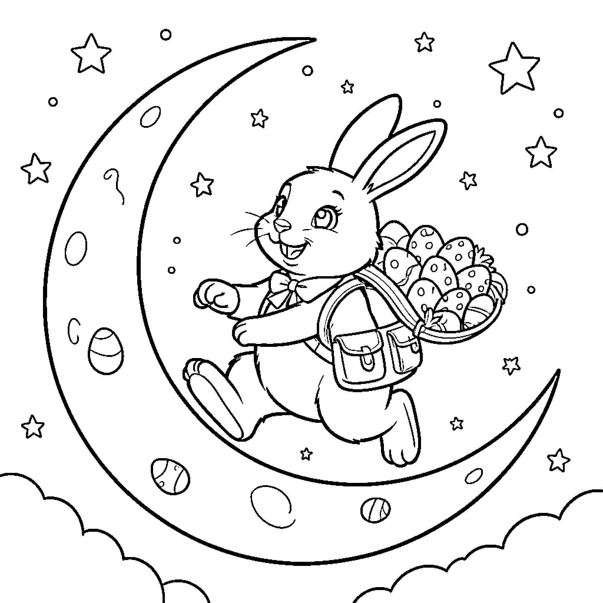 Easter Bunny carrying a basket of eggs on a moon Coloring Page (free black-and-white line drawing printable PDF for all, from beginners to advanced learners, including children, teens, adults, and seniors)