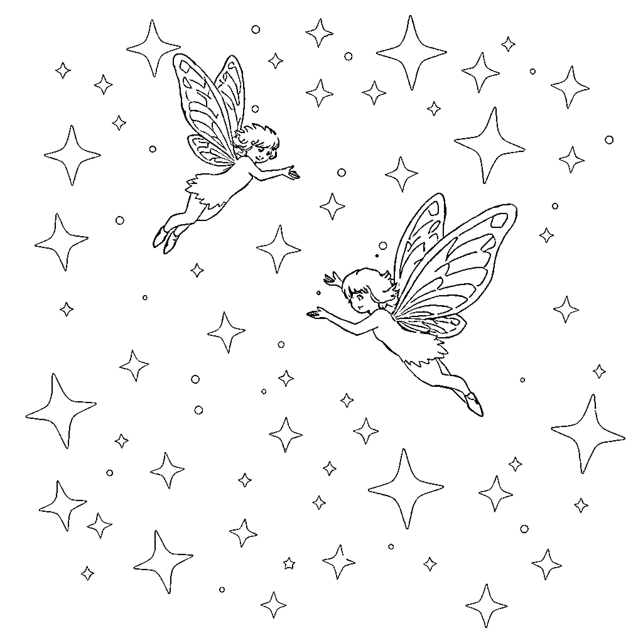 Fairy flying amidst twinkling stars Coloring Page (free black-and-white line drawing printable PDF for all, from beginners to advanced learners, including children, teens, adults, and seniors)