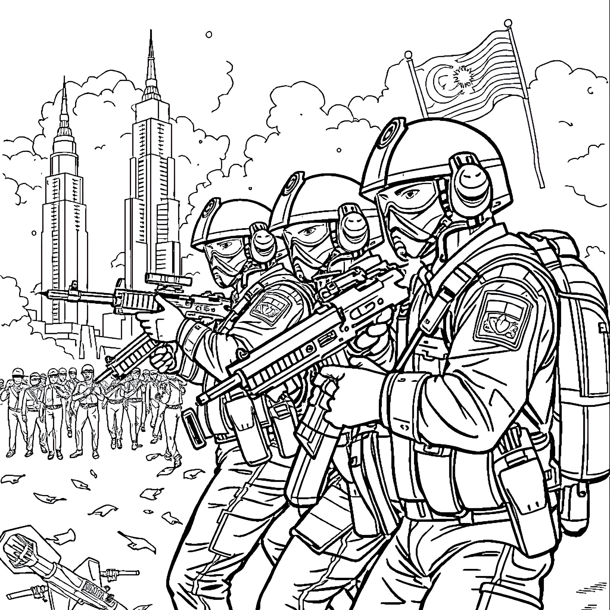 Police Officers Patrolling Urban Landscape Coloring Page (free black-and-white line drawing printable PDF for all, from beginners to advanced learners, including children, teens, adults, and seniors)