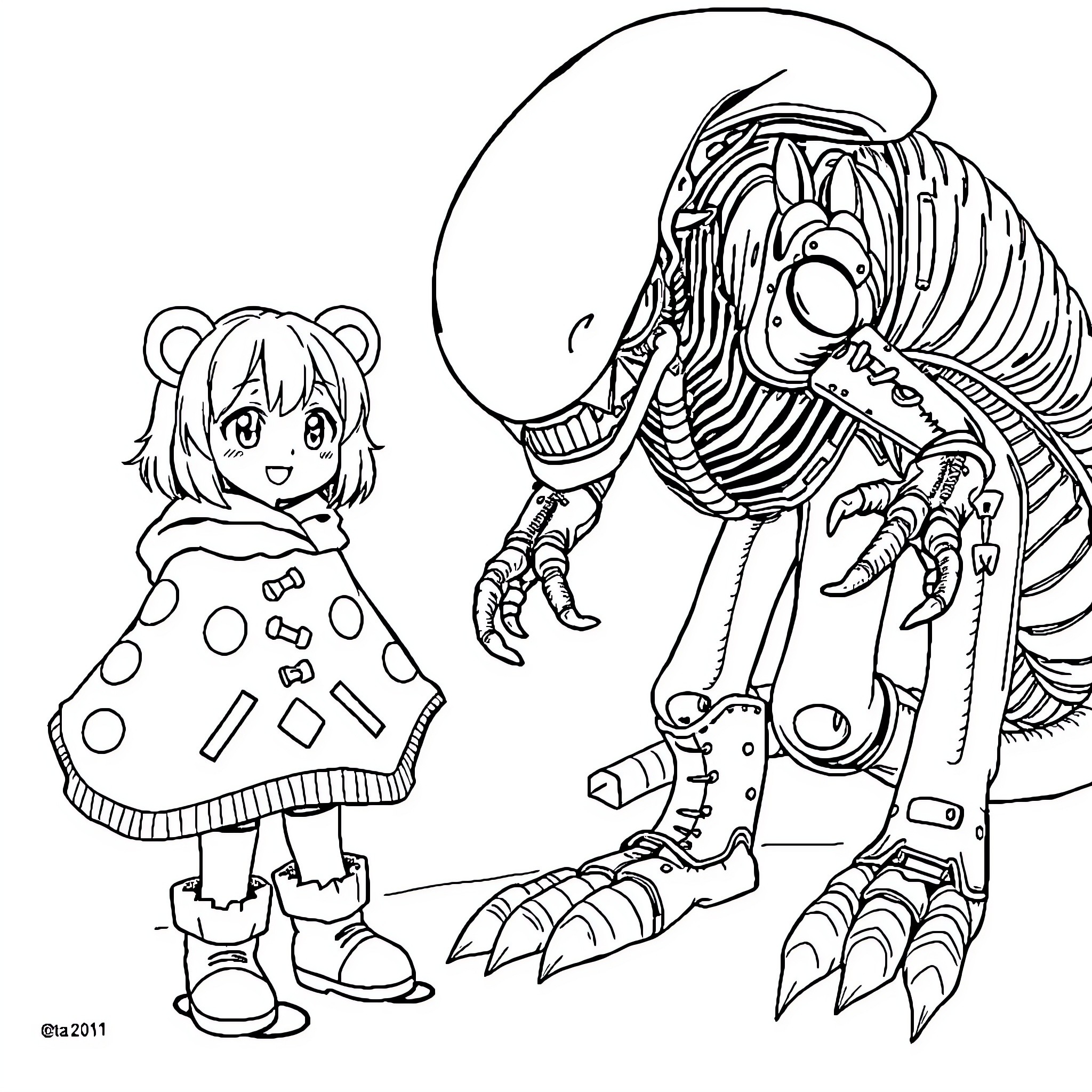 Anime Character exploring mysterious fossil remains Coloring Page (free black-and-white line drawing printable PDF for all, from beginners to advanced learners, including children, teens, adults, and seniors)
