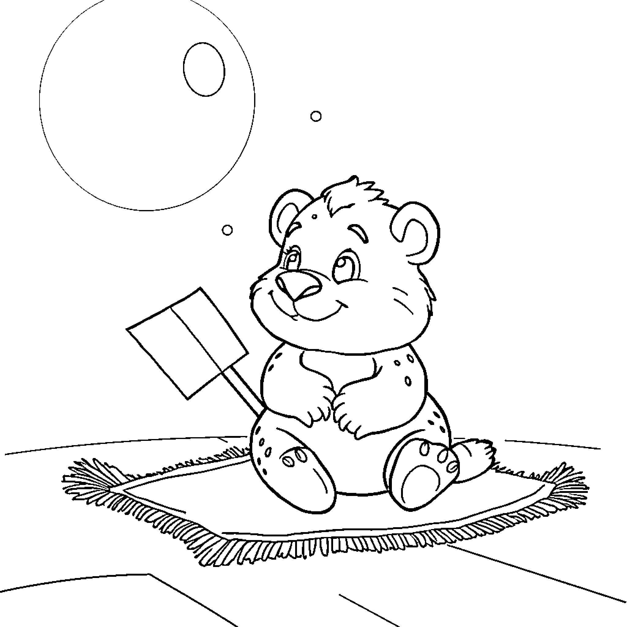 Teddy Bear Playing with Balloon on Rug Coloring Page (free black-and-white line drawing printable PDF for all, from beginners to advanced learners, including children, teens, adults, and seniors)