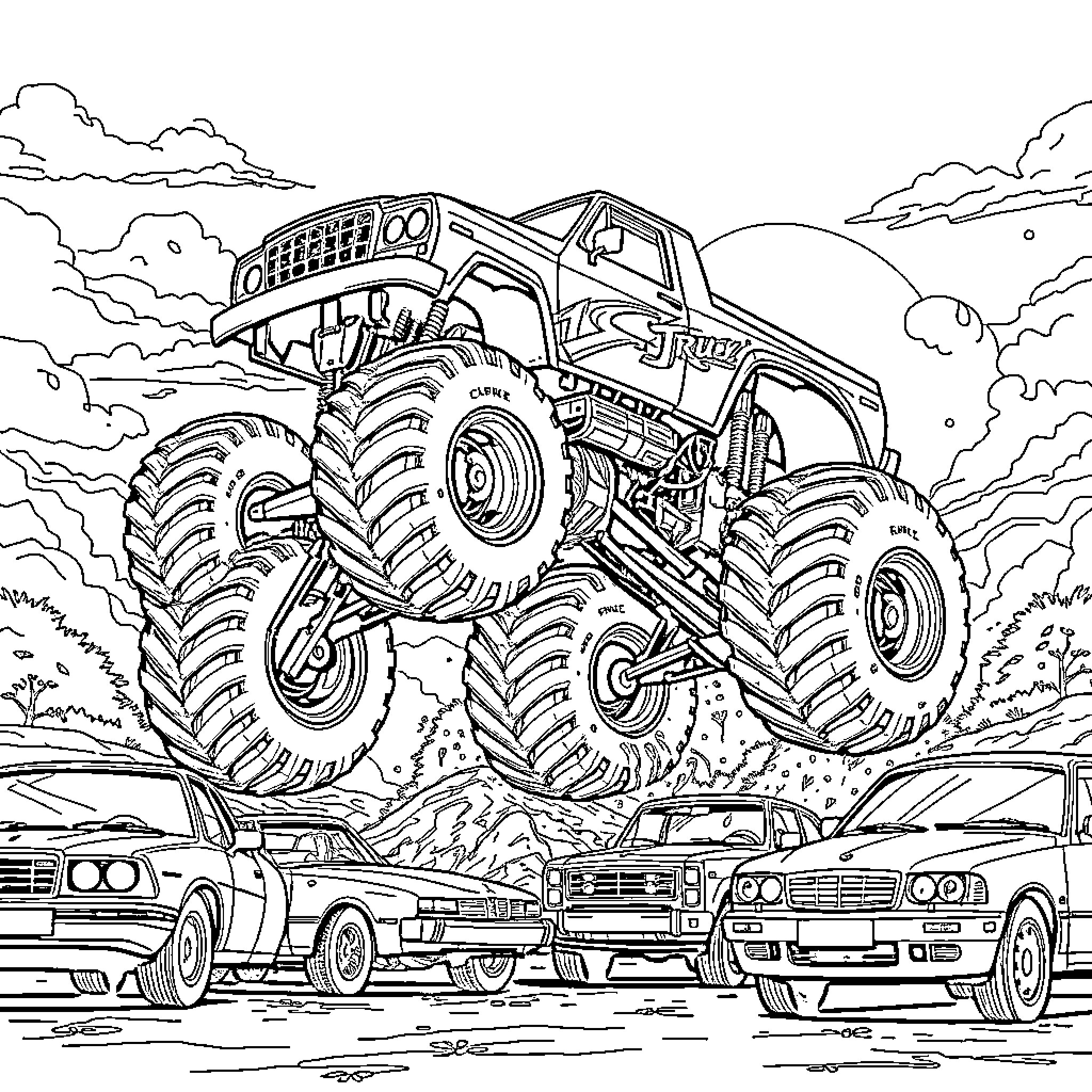 Monster Truck crushing cars in an outdoor scene Coloring Page (free black-and-white line drawing printable PDF for all, from beginners to advanced learners, including children, teens, adults, and seniors)