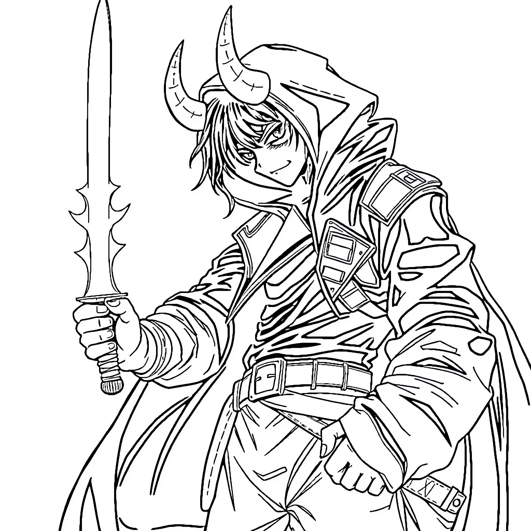 K-POP Demon Hunter in Fierce Battle Stance Coloring Page (free black-and-white line drawing printable PDF for all, from beginners to advanced learners, including children, teens, adults, and seniors)
