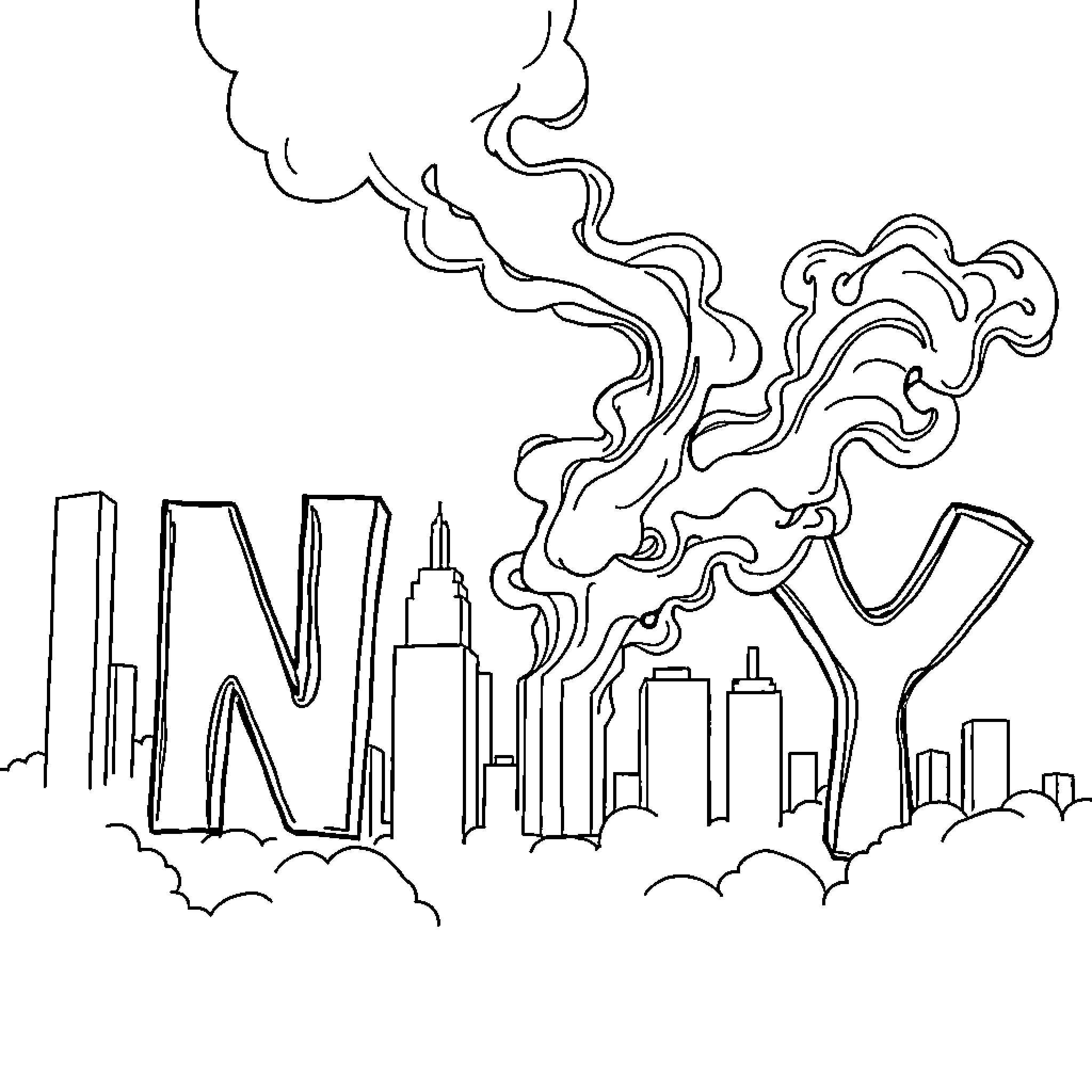 Bubble Letter Skyline with Smoke Plume Coloring Page (free black-and-white line drawing printable PDF for all, from beginners to advanced learners, including children, teens, adults, and seniors)