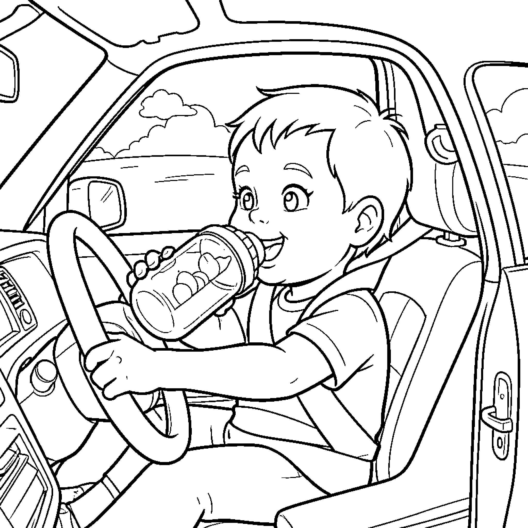 Baby driving a car on the road Coloring Page (free black-and-white line drawing printable PDF for all, from beginners to advanced learners, including children, teens, adults, and seniors)