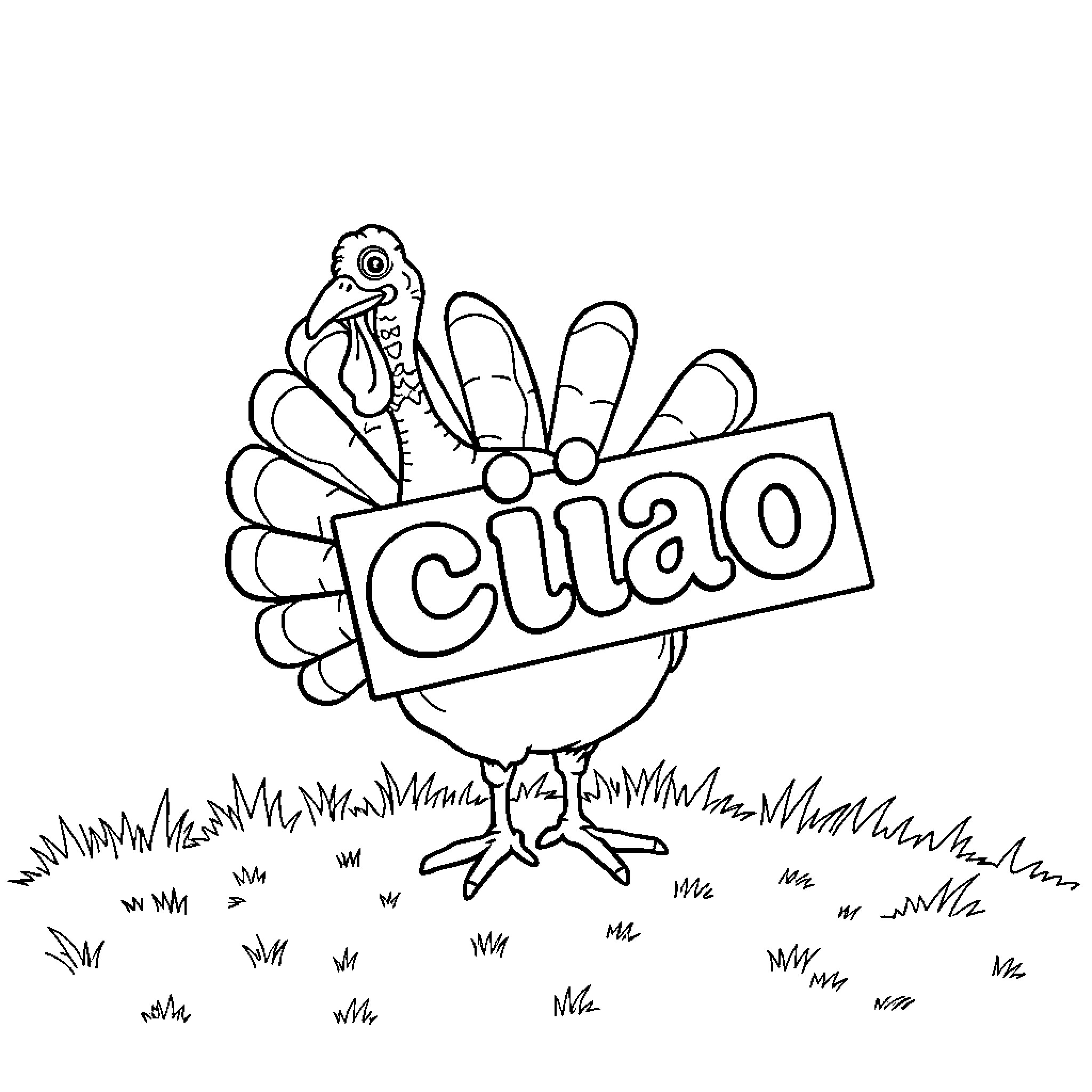 Turkey holding a 'Ciao' sign Coloring Page (free black-and-white line drawing printable PDF for all, from beginners to advanced learners, including children, teens, adults, and seniors)