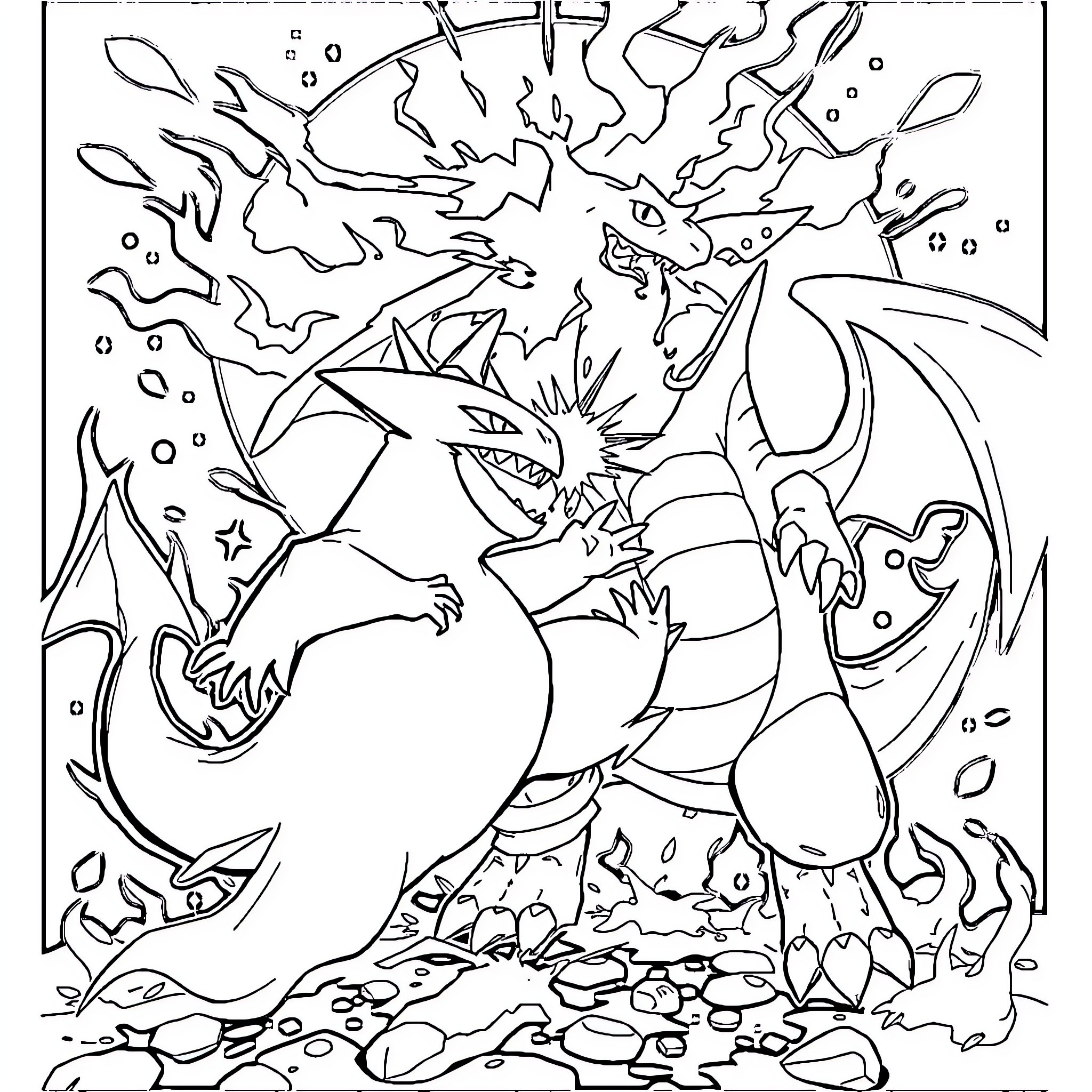 Pokémon epic battle scene with powerful creatures Coloring Page (free black-and-white line drawing printable PDF for all, from beginners to advanced learners, including children, teens, adults, and seniors)