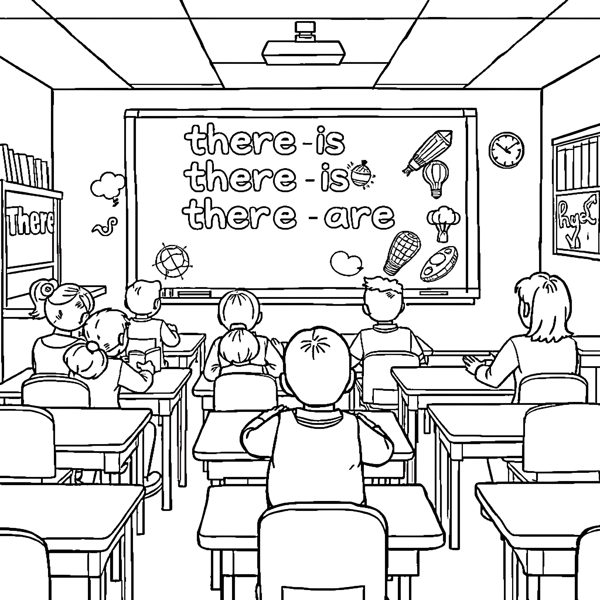 Image of students in a classroom setting Coloring Page (free black-and-white line drawing printable PDF for all, from beginners to advanced learners, including children, teens, adults, and seniors)