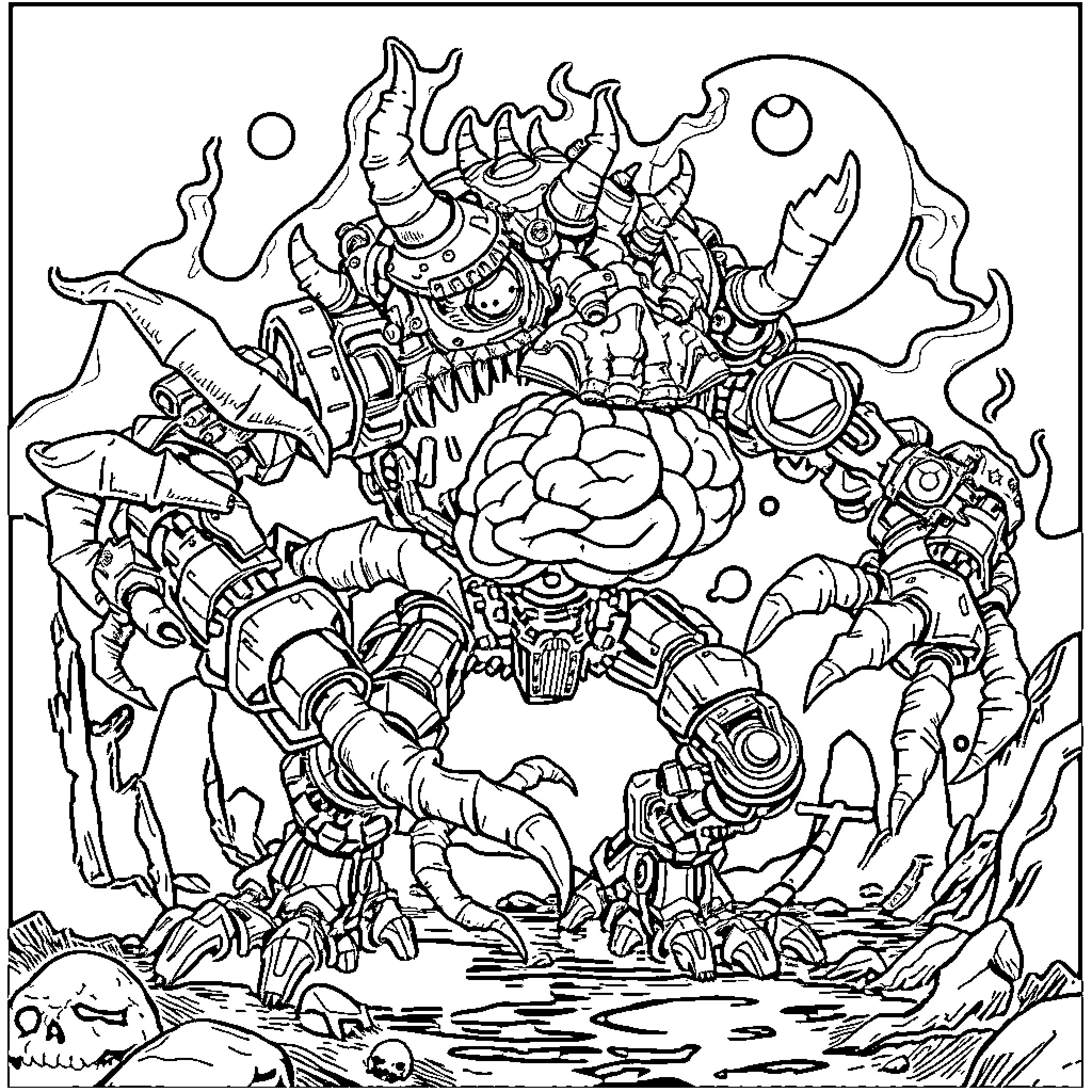 Spooky Grande Robotic Creature Emerging from Eerie Landscape Coloring Page (free black-and-white line drawing printable PDF for all, from beginners to advanced learners, including children, teens, adults, and seniors)
