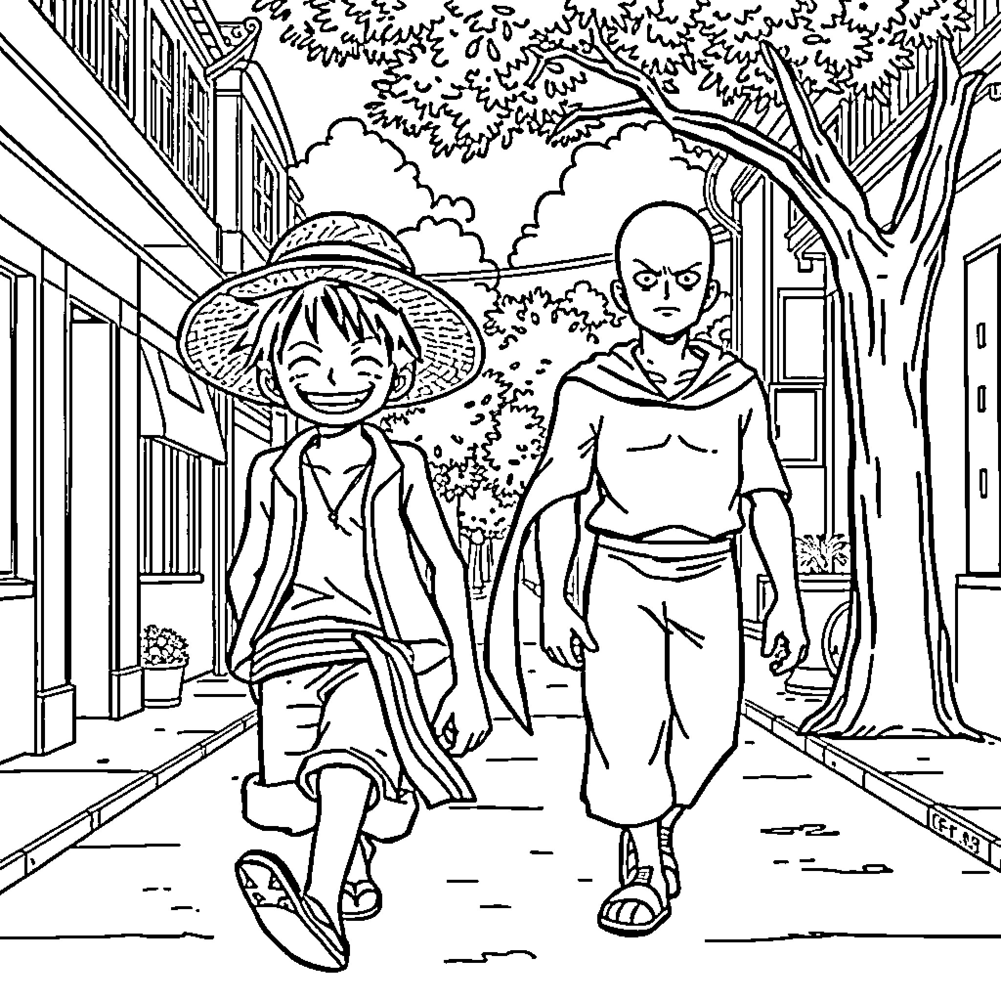 Luffy and Aang walk through a peaceful village Coloring Page (free black-and-white line drawing printable PDF for all, from beginners to advanced learners, including children, teens, adults, and seniors)