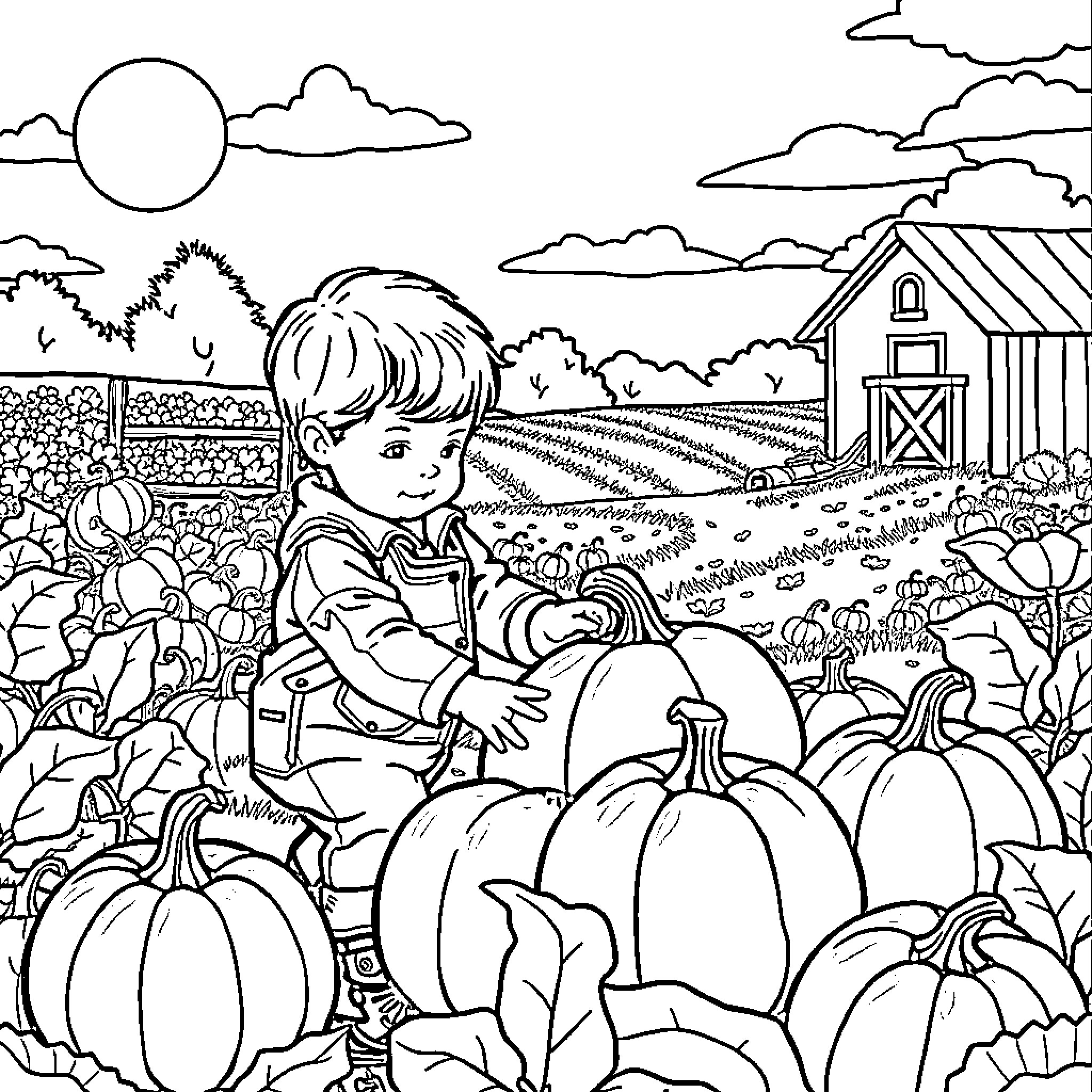 Toddler playing happily in pumpkin patch Coloring Page (free black-and-white line drawing printable PDF for all, from beginners to advanced learners, including children, teens, adults, and seniors)
