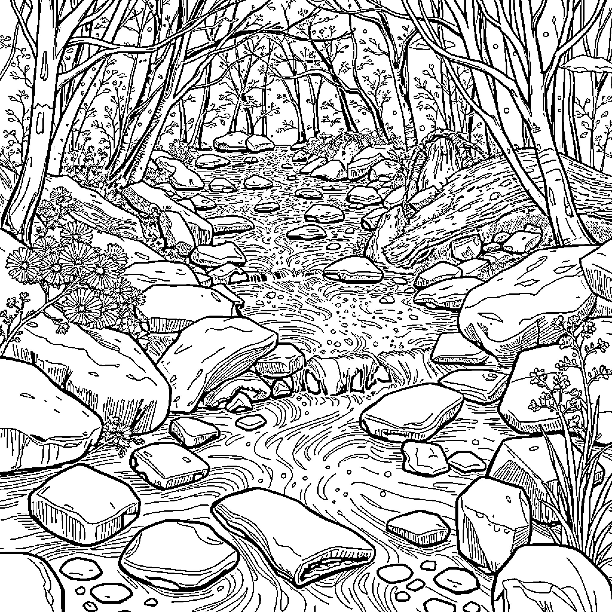 Creek flowing through a serene forest landscape Coloring Page (free black-and-white line drawing printable PDF for all, from beginners to advanced learners, including children, teens, adults, and seniors)