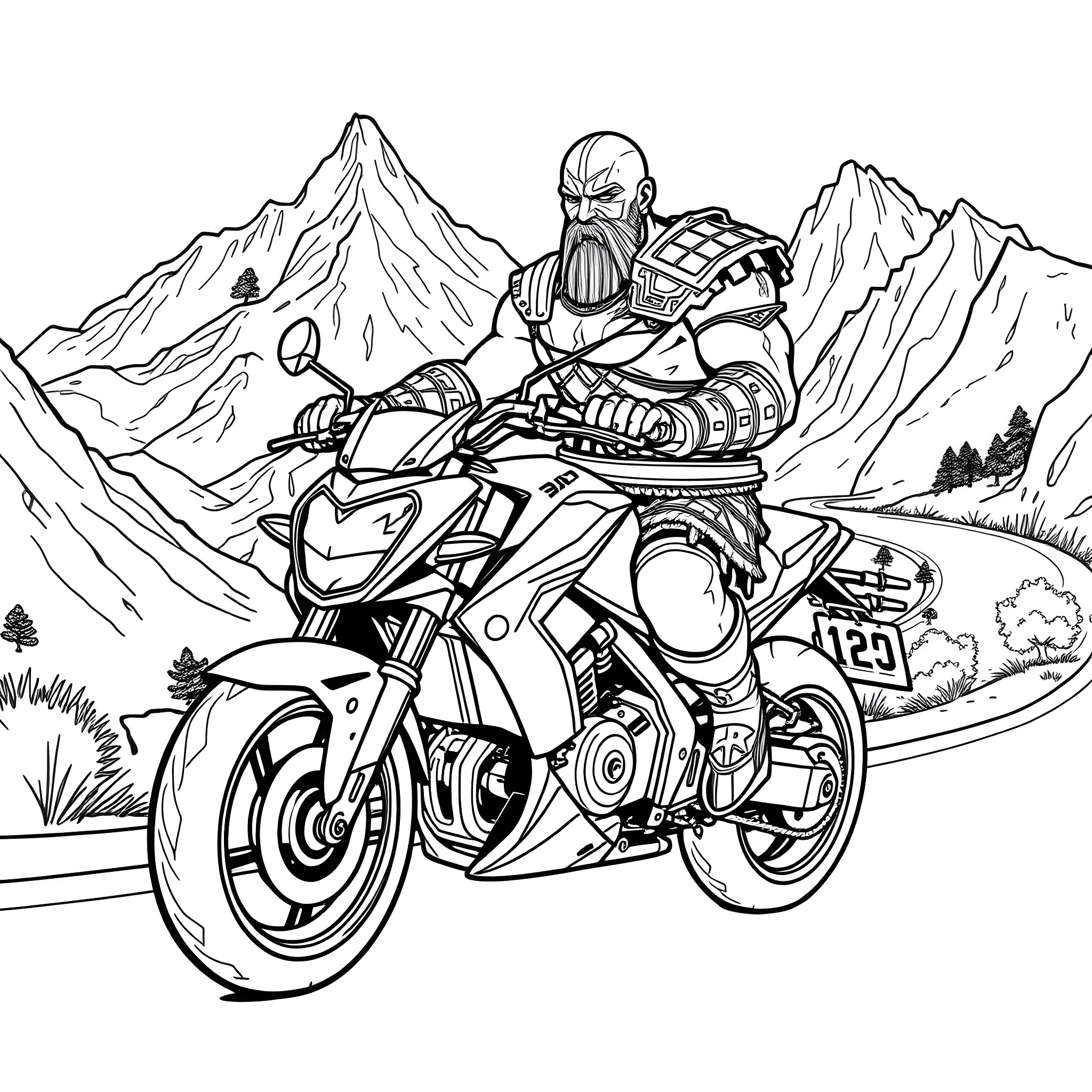 Kratos riding motorcycle through rugged mountain landscape Coloring Page (free black-and-white line drawing printable PDF for all, from beginners to advanced learners, including children, teens, adults, and seniors)