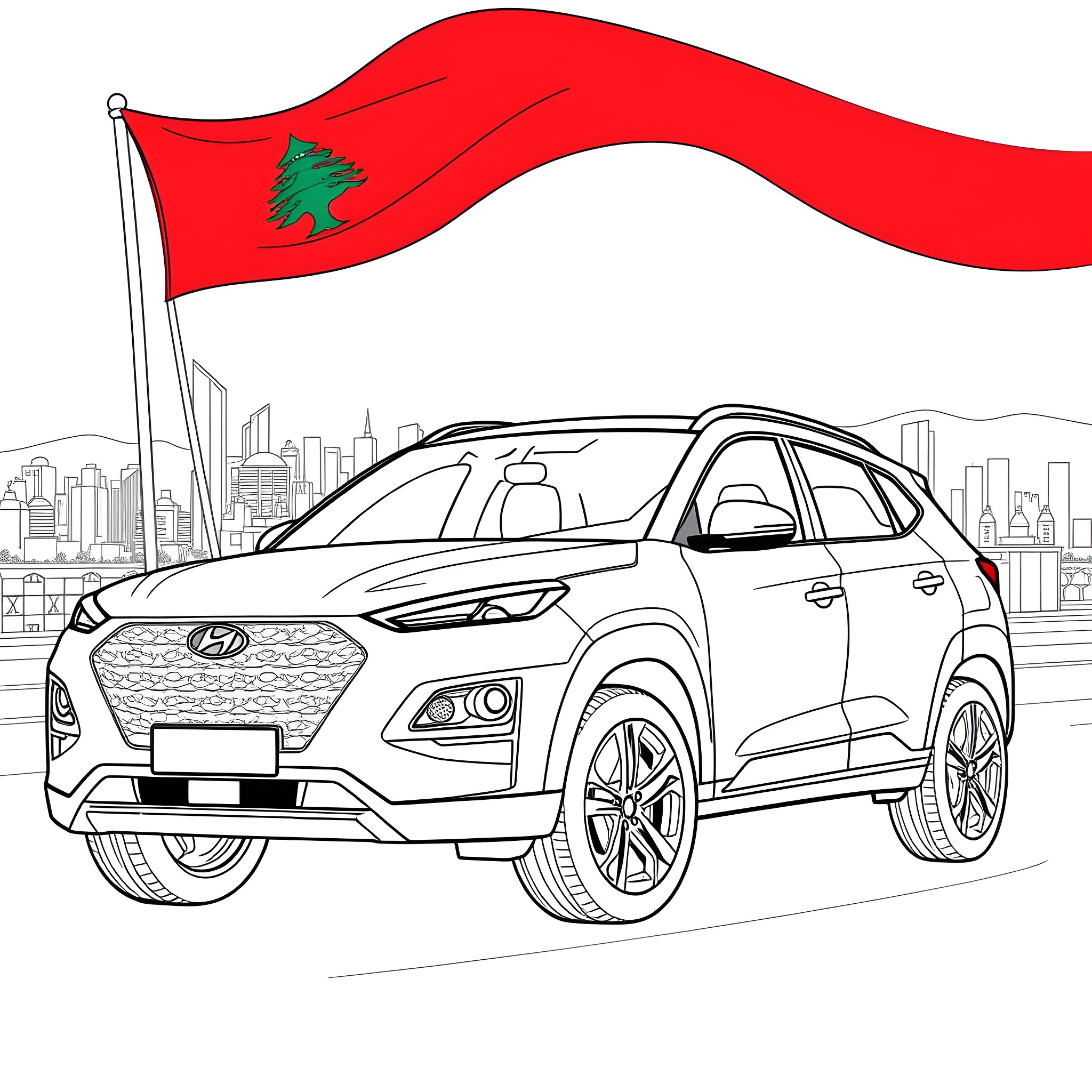 Hyundai SUV driving in the city with a flag Coloring Page (free black-and-white line drawing printable PDF for all, from beginners to advanced learners, including children, teens, adults, and seniors)
