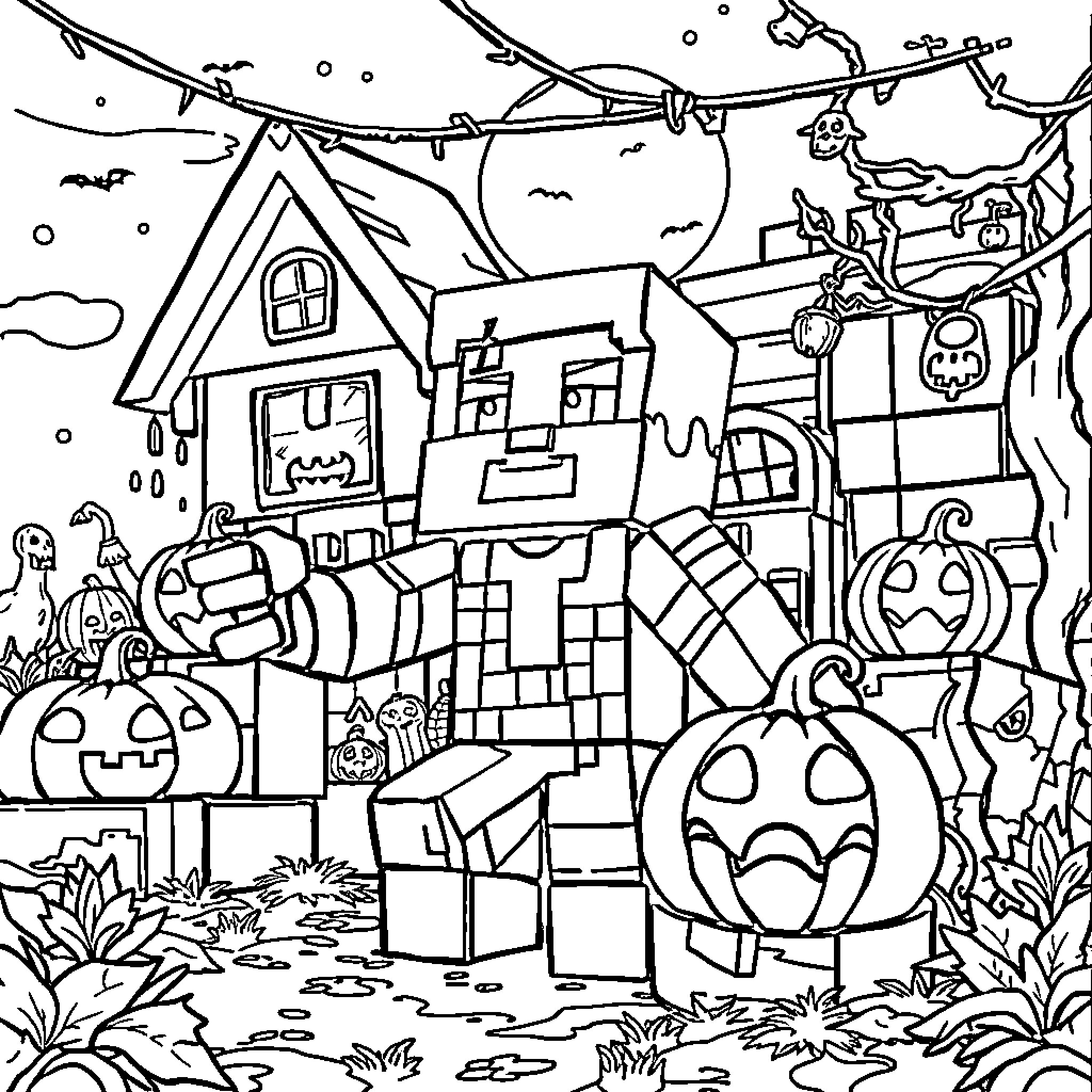 Minecraft Halloween: Spooky Festivities and Decorations Coloring Page (free black-and-white line drawing printable PDF for all, from beginners to advanced learners, including children, teens, adults, and seniors)