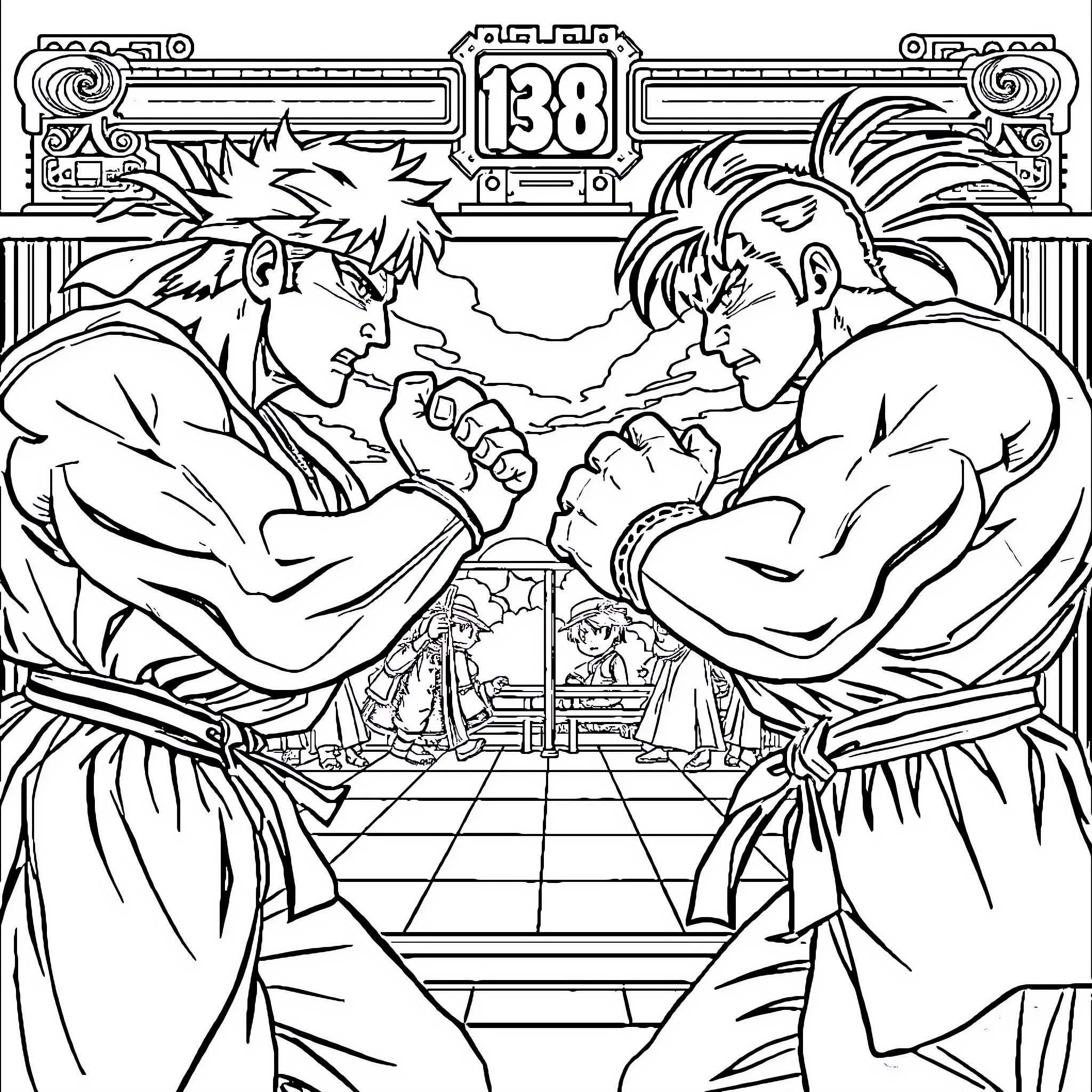 Ryu's Intense Arm Wrestling Match Coloring Page (free black-and-white line drawing printable PDF for all, from beginners to advanced learners, including children, teens, adults, and seniors)
