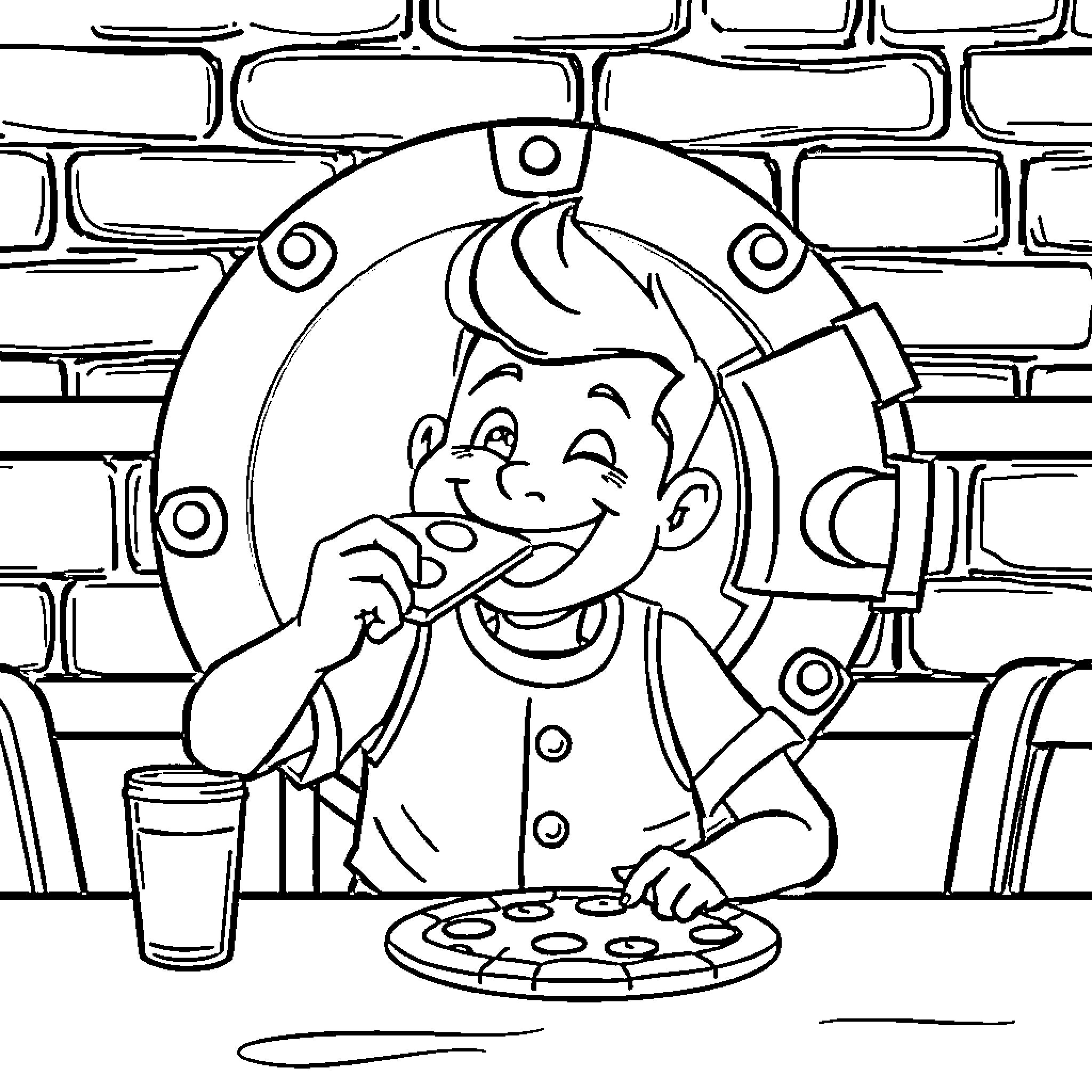Vault Boy enjoys a tasty meal at a diner Coloring Page (free black-and-white line drawing printable PDF for all, from beginners to advanced learners, including children, teens, adults, and seniors)